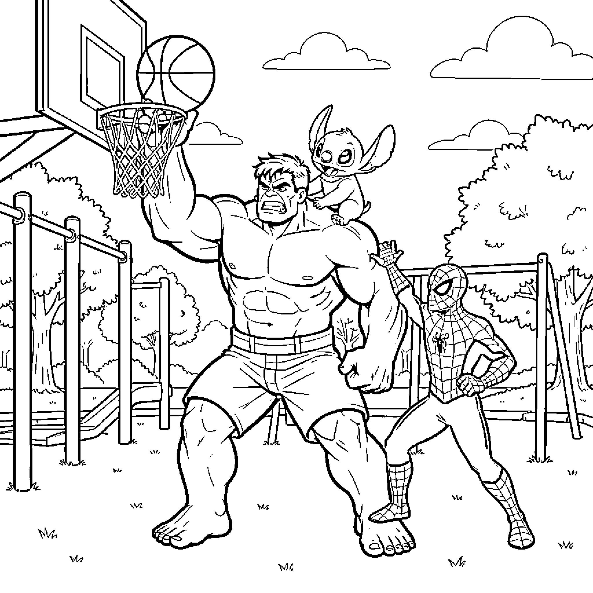 Hulk playing basketball with Stitch and Spider-Man Coloring Page (free black-and-white line drawing printable PDF for all, from beginners to advanced learners, including children, teens, adults, and seniors)
