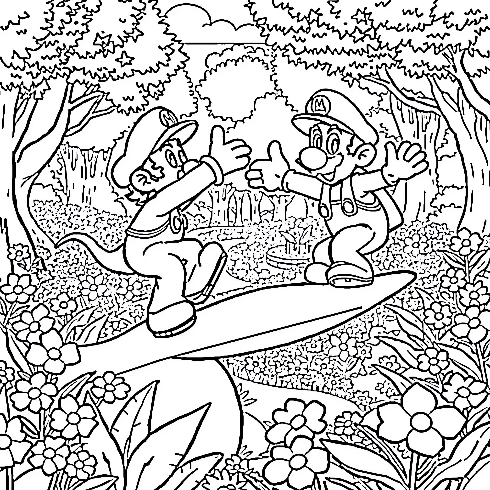 Mario's Whimsical Forest Adventure Coloring Page (free black-and-white line drawing printable PDF for all, from beginners to advanced learners, including children, teens, adults, and seniors)