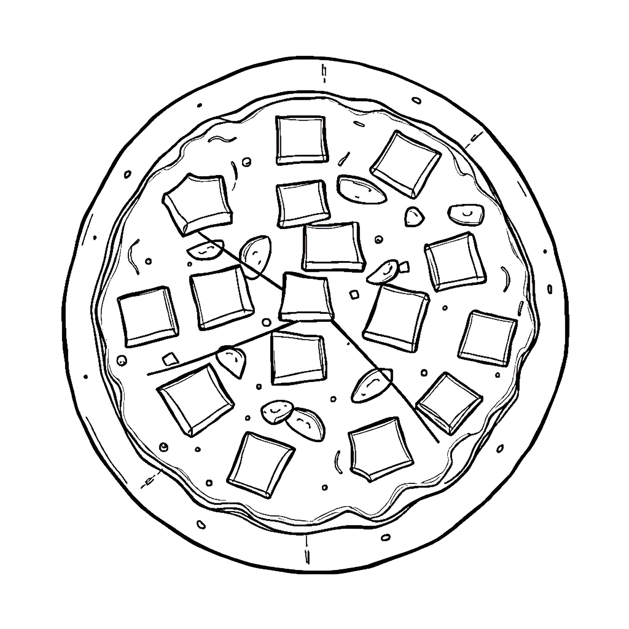 Pineapple Pizza with Unusual Toppings Coloring Page (free black-and-white line drawing printable PDF for all, from beginners to advanced learners, including children, teens, adults, and seniors)