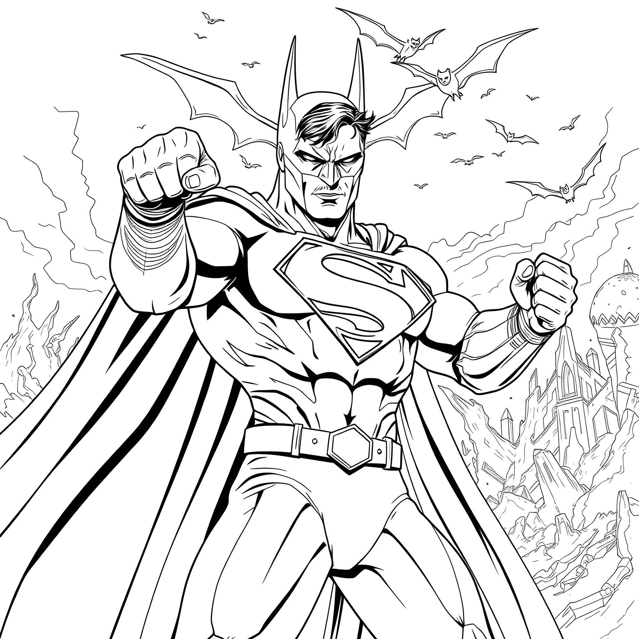 Superman Unleashing Heroic Power in the Skies Coloring Page (free black-and-white line drawing printable PDF for all, from beginners to advanced learners, including children, teens, adults, and seniors)
