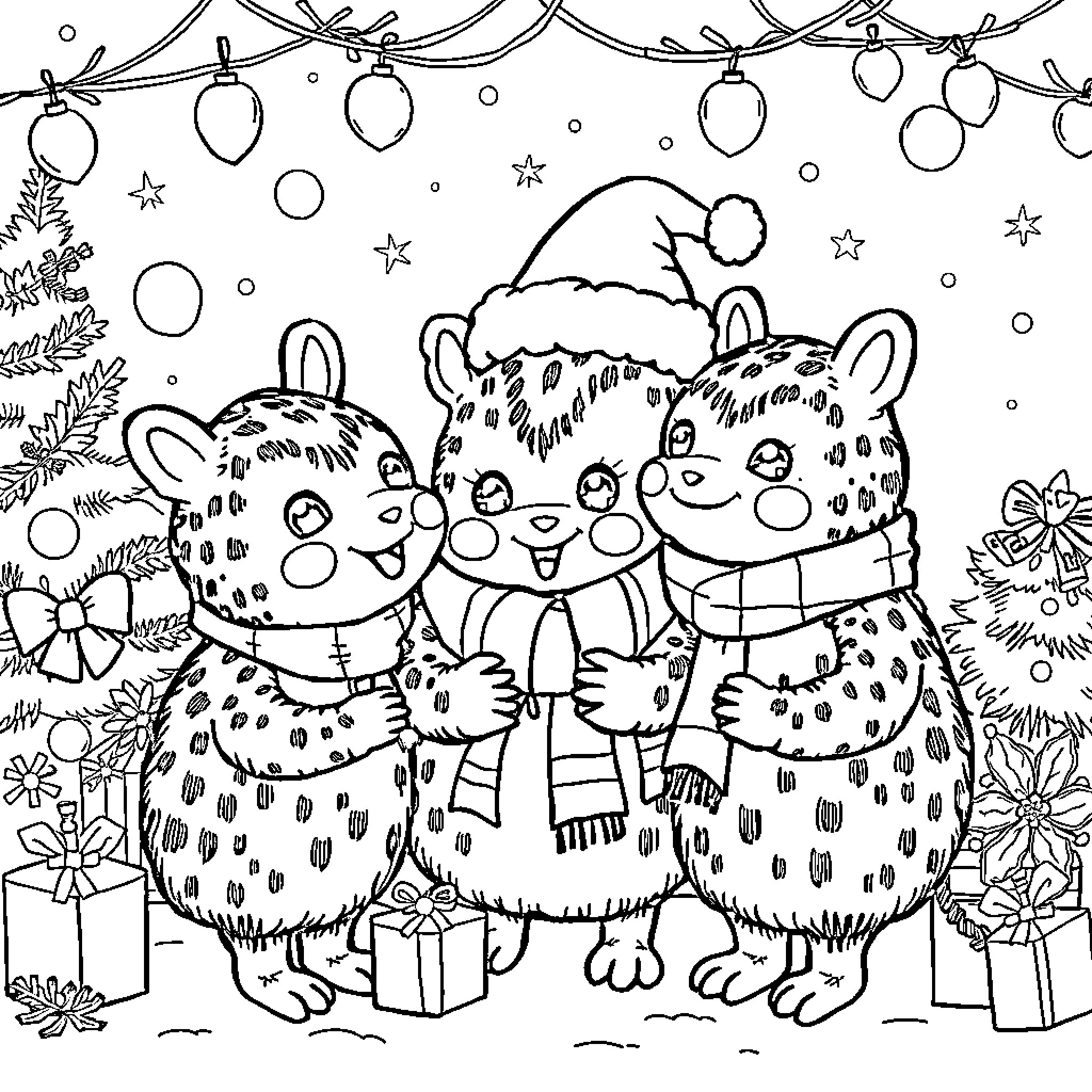 Labubu's Holiday Celebration with Friends Coloring Page (free black-and-white line drawing printable PDF for all, from beginners to advanced learners, including children, teens, adults, and seniors)