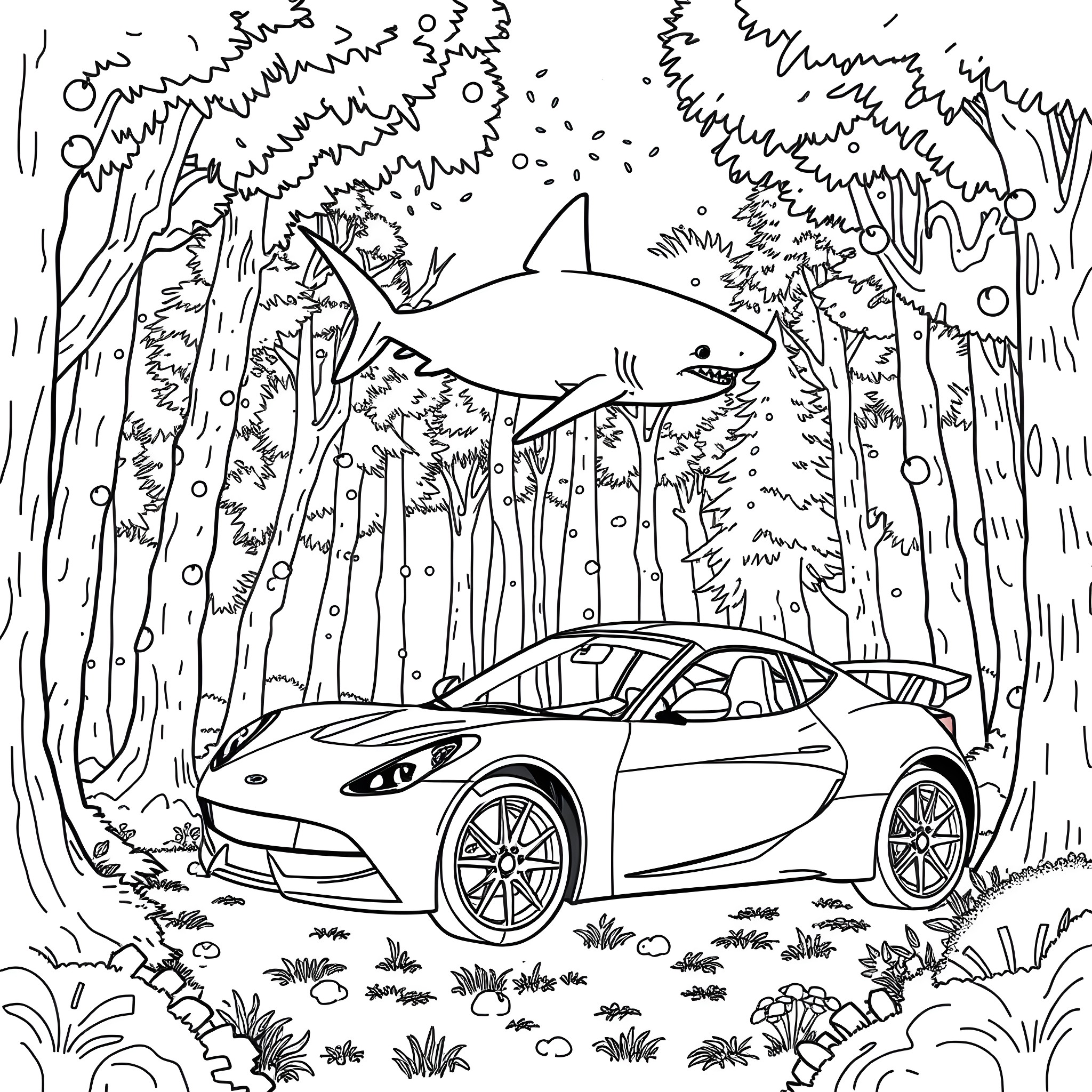 Ford Sports Car Navigating Through Underwater Forest Scenery Coloring Page (free black-and-white line drawing printable PDF for all, from beginners to advanced learners, including children, teens, adults, and seniors)