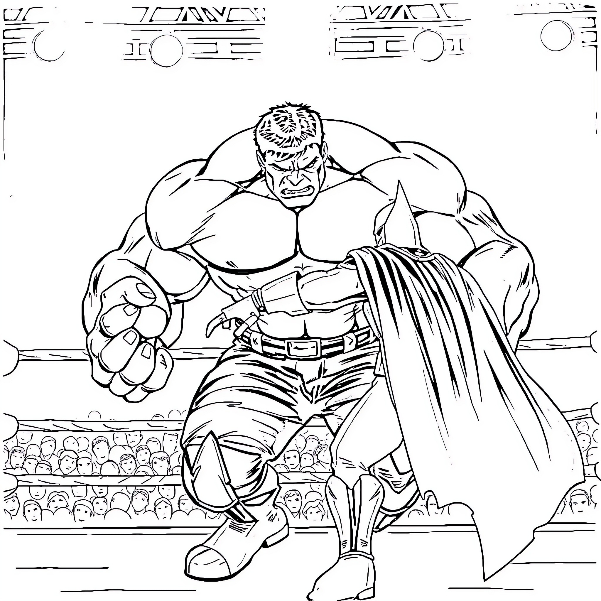 Hulk's Powerful Performance on Stage Coloring Page (free black-and-white line drawing printable PDF for all, from beginners to advanced learners, including children, teens, adults, and seniors)