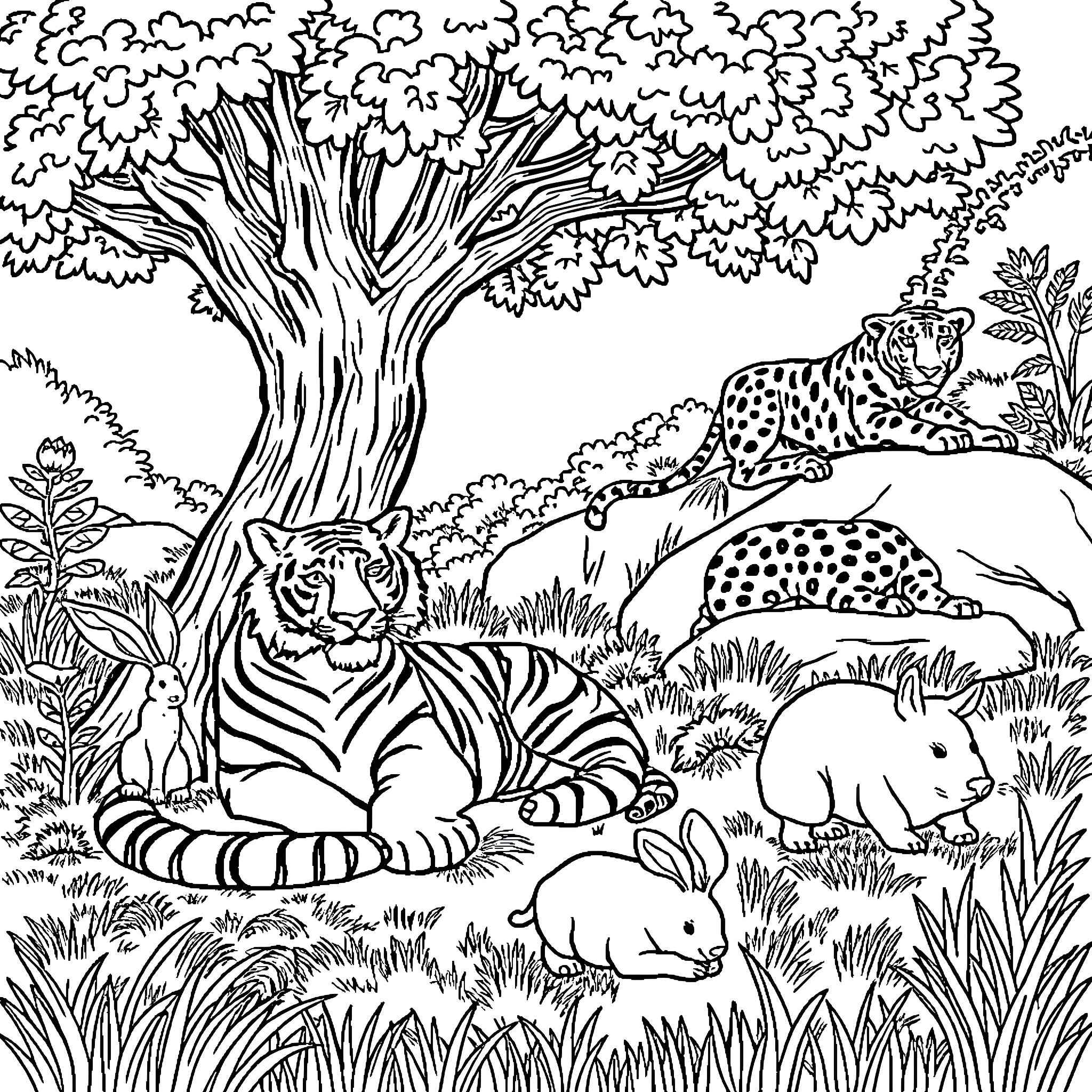 Tiger Resting Peacefully in the Jungle Coloring Page (free black-and-white line drawing printable PDF for all, from beginners to advanced learners, including children, teens, adults, and seniors)