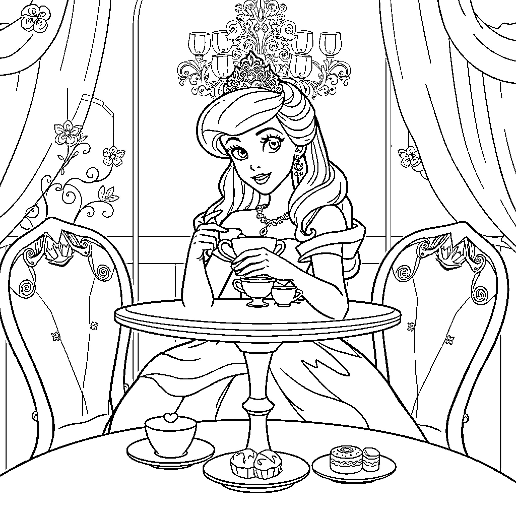 Princess Enjoying Tea Time in Elegant Setting Coloring Page (free black-and-white line drawing printable PDF for all, from beginners to advanced learners, including children, teens, adults, and seniors)
