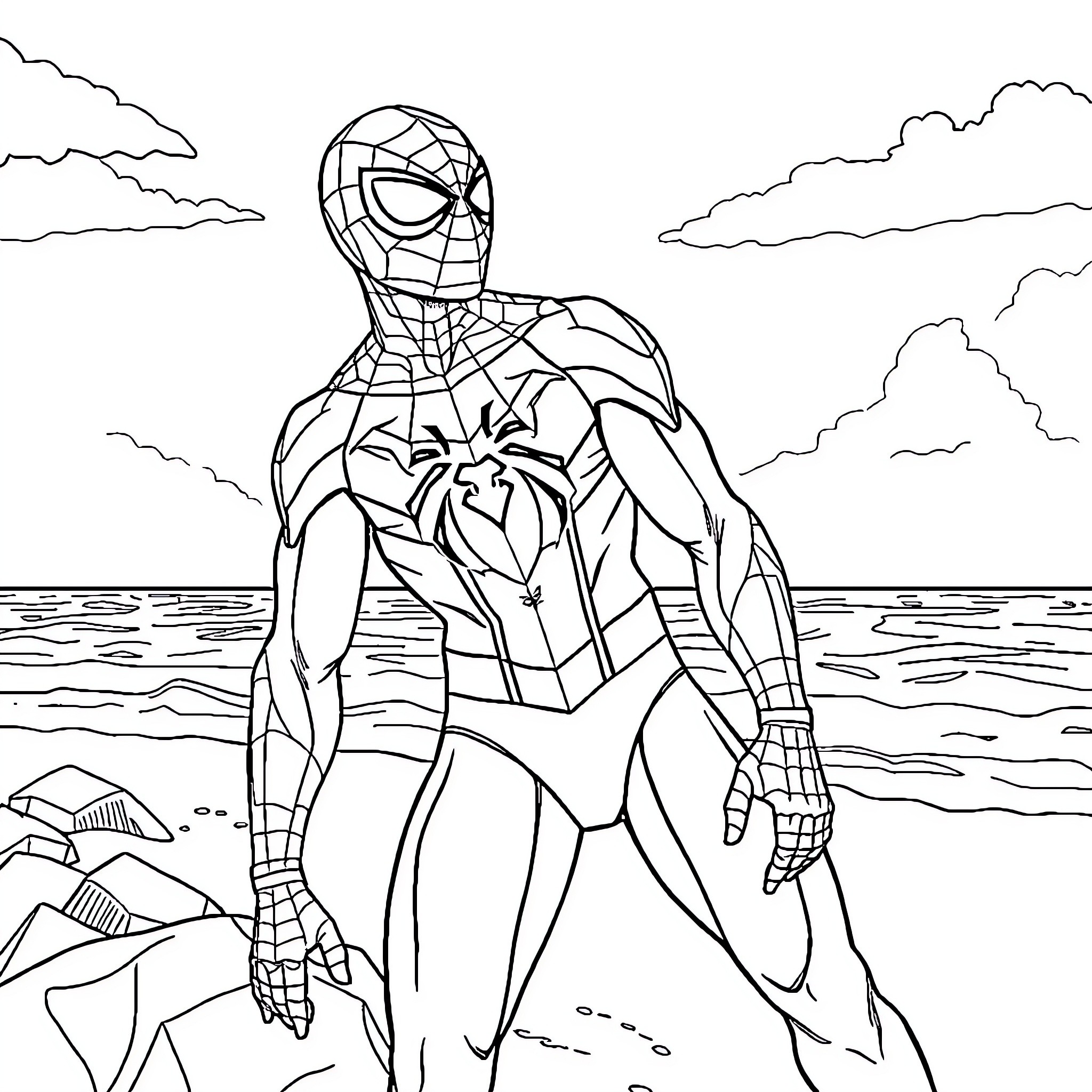 Spiderman poses heroically on rocky shore Coloring Page (free black-and-white line drawing printable PDF for all, from beginners to advanced learners, including children, teens, adults, and seniors)