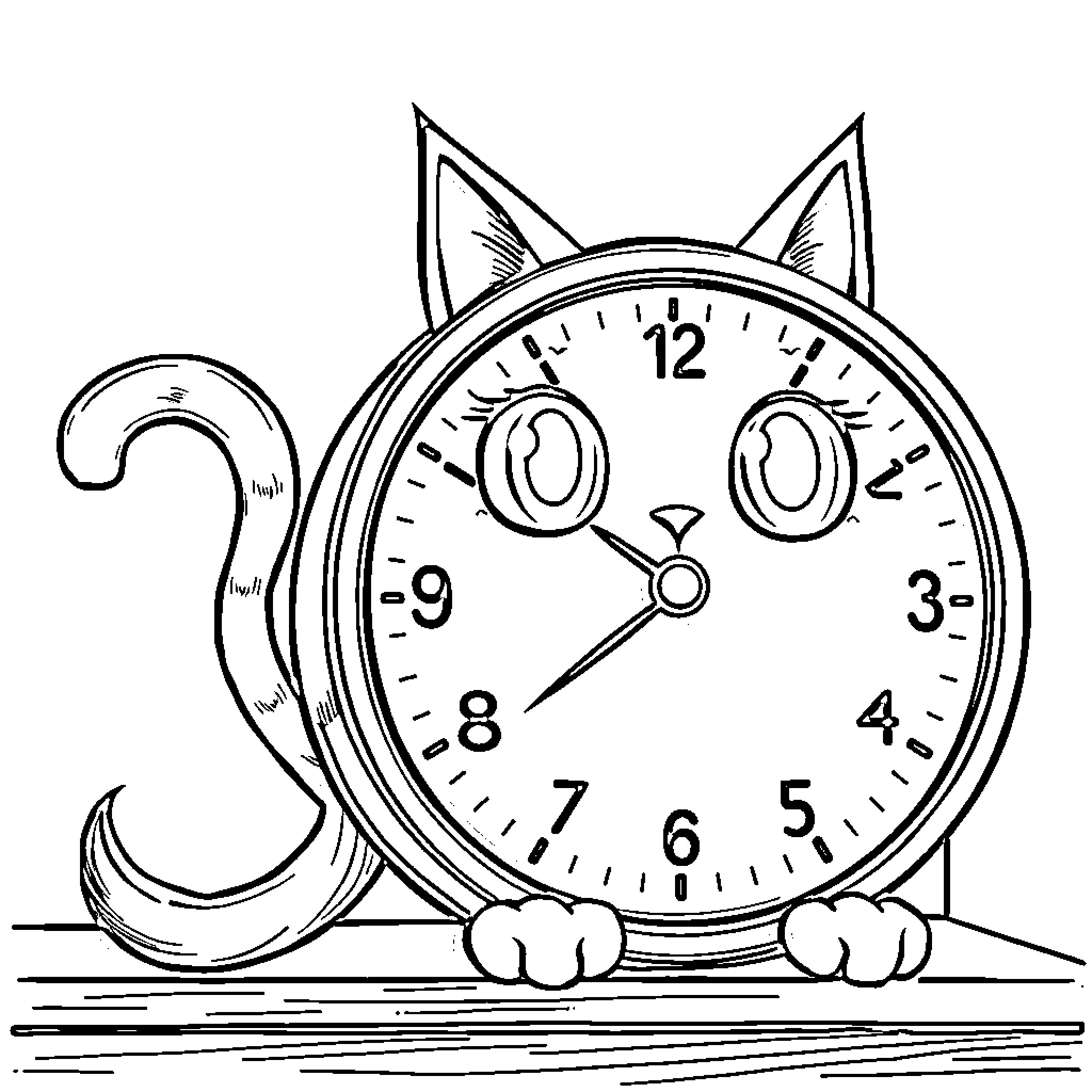 Cat watching the time on clock Coloring Page (free black-and-white line drawing printable PDF for all, from beginners to advanced learners, including children, teens, adults, and seniors)