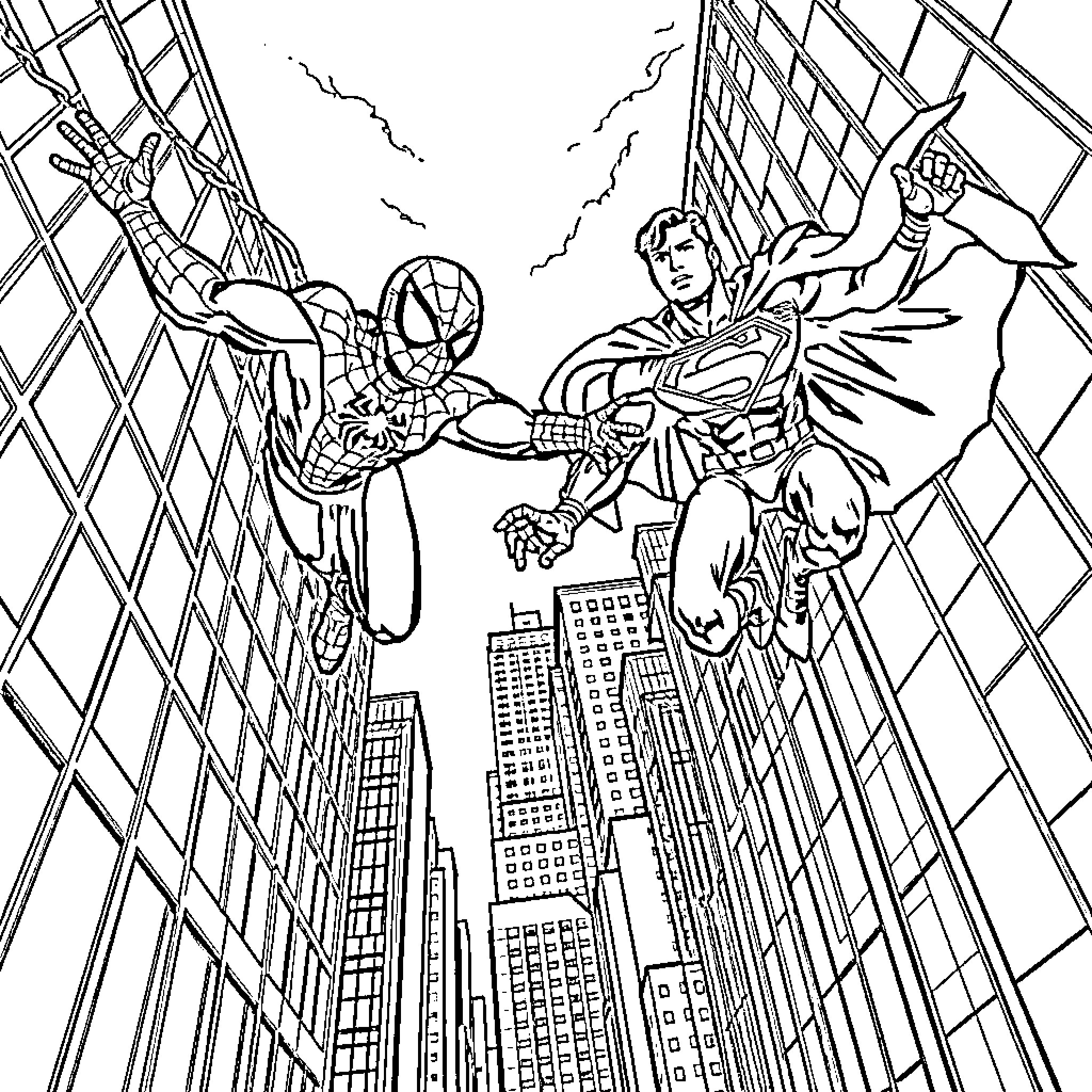Superhero Battle in the City Skyline Coloring Page (free black-and-white line drawing printable PDF for all, from beginners to advanced learners, including children, teens, adults, and seniors)