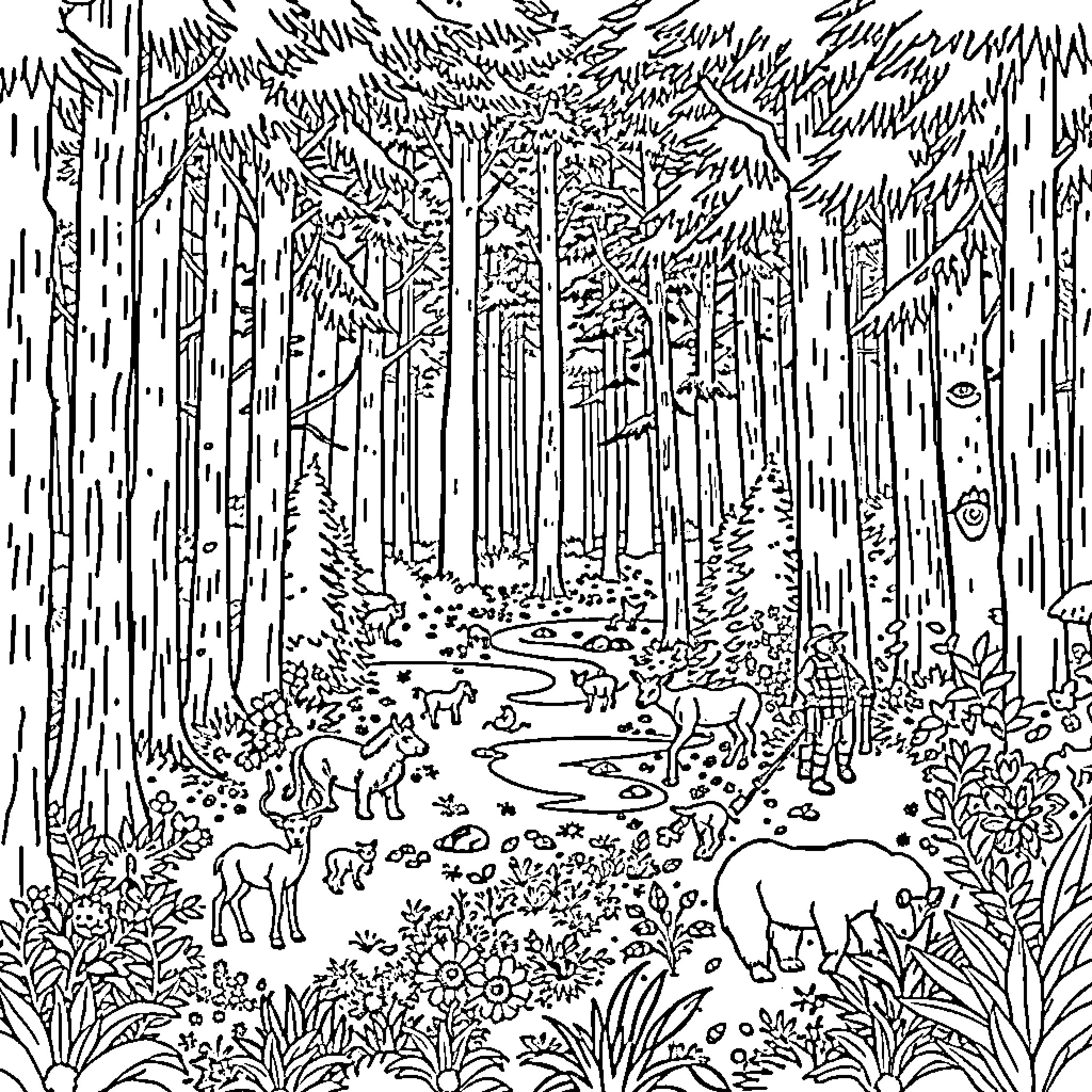 Forest scene with animals and flowing stream Coloring Page (free black-and-white line drawing printable PDF for all, from beginners to advanced learners, including children, teens, adults, and seniors)