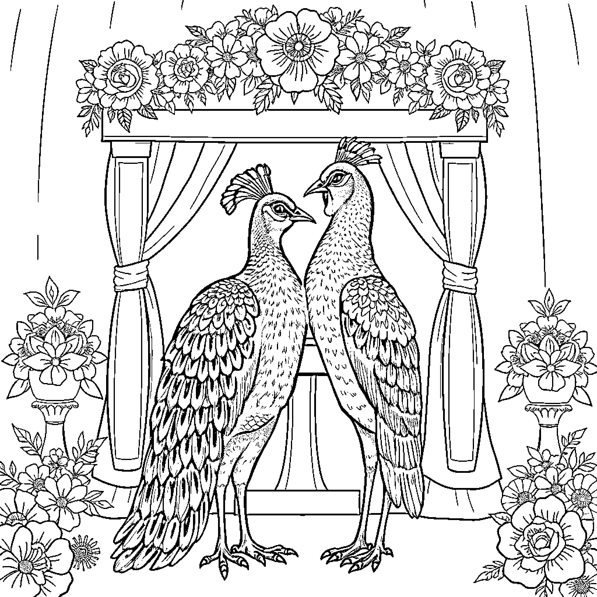 Peacock Pair Perched in Floral Archway Coloring Page (free black-and-white line drawing printable PDF for all, from beginners to advanced learners, including children, teens, adults, and seniors)