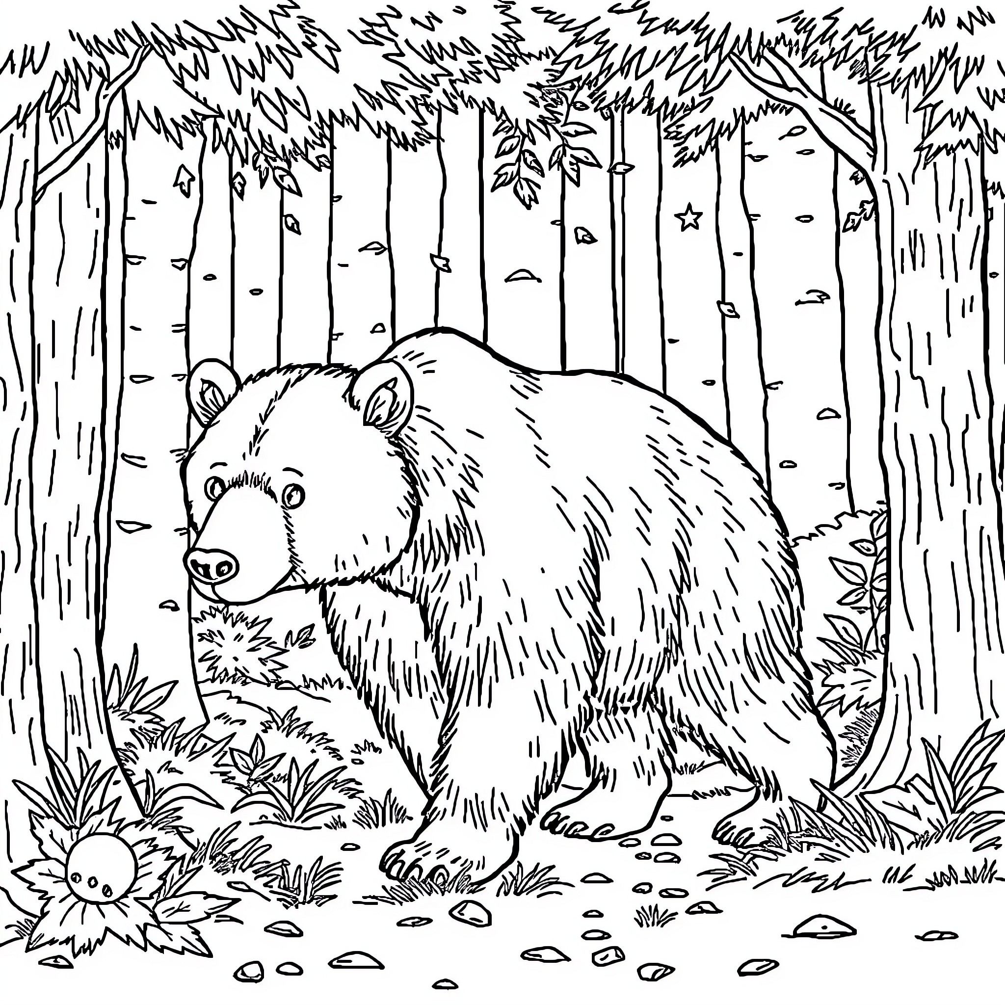 Bear amidst the forest trees and vegetation Coloring Page (free black-and-white line drawing printable PDF for all, from beginners to advanced learners, including children, teens, adults, and seniors)