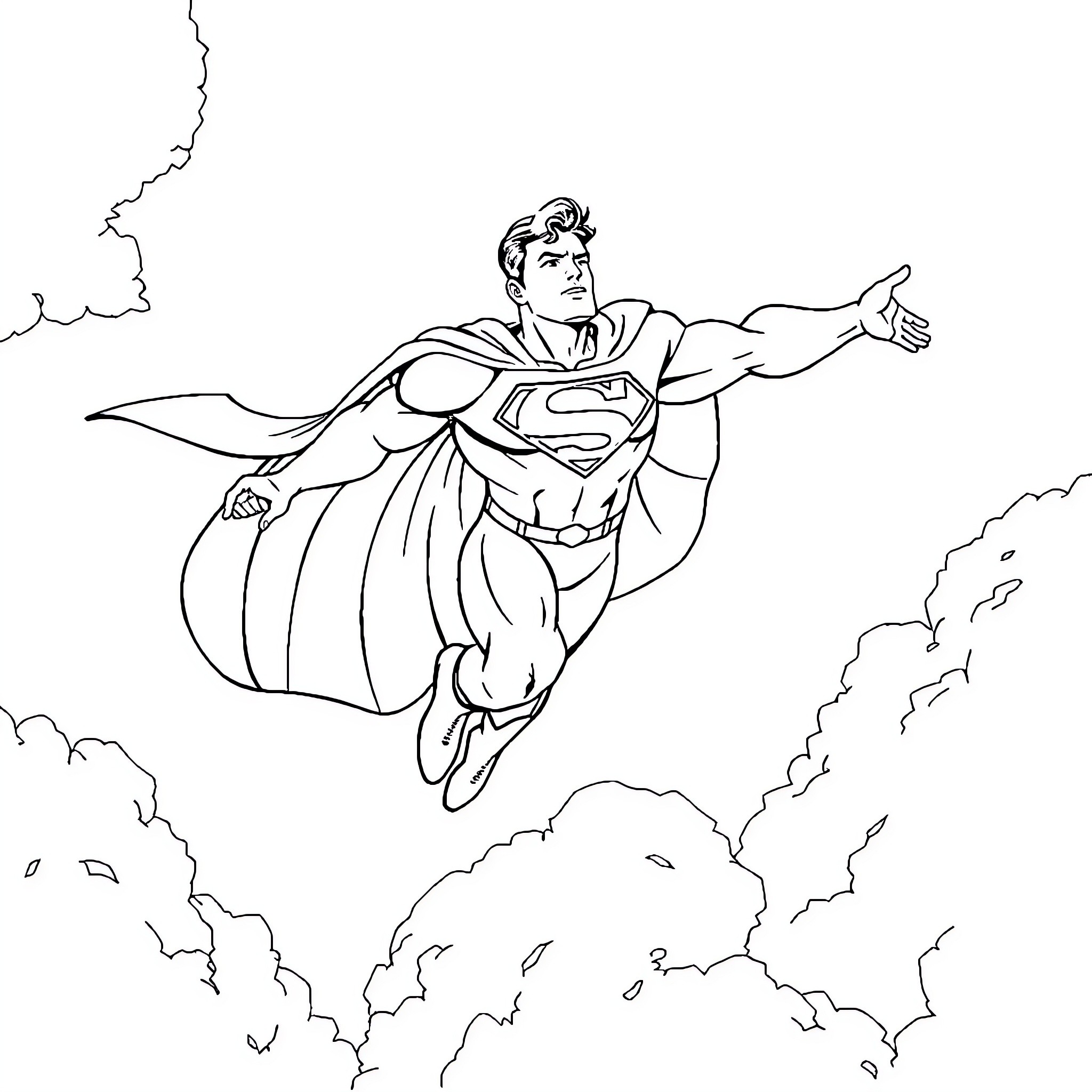Superman soaring through cloudy skies Coloring Page (free black-and-white line drawing printable PDF for all, from beginners to advanced learners, including children, teens, adults, and seniors)