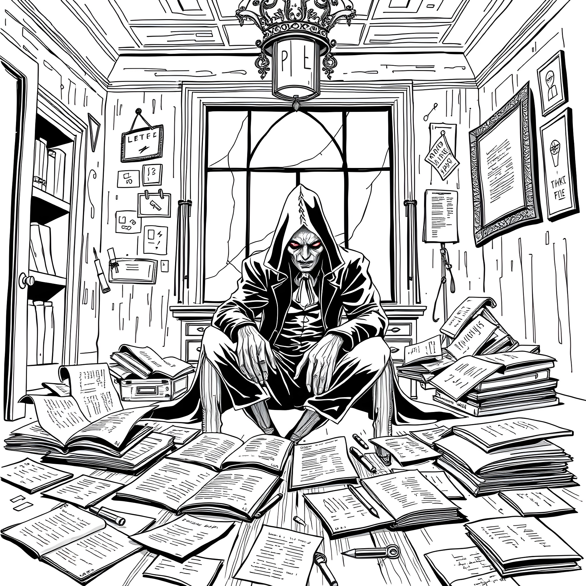 Learned Scholar Immersed in Literary Pursuit Coloring Page (free black-and-white line drawing printable PDF for all, from beginners to advanced learners, including children, teens, adults, and seniors)