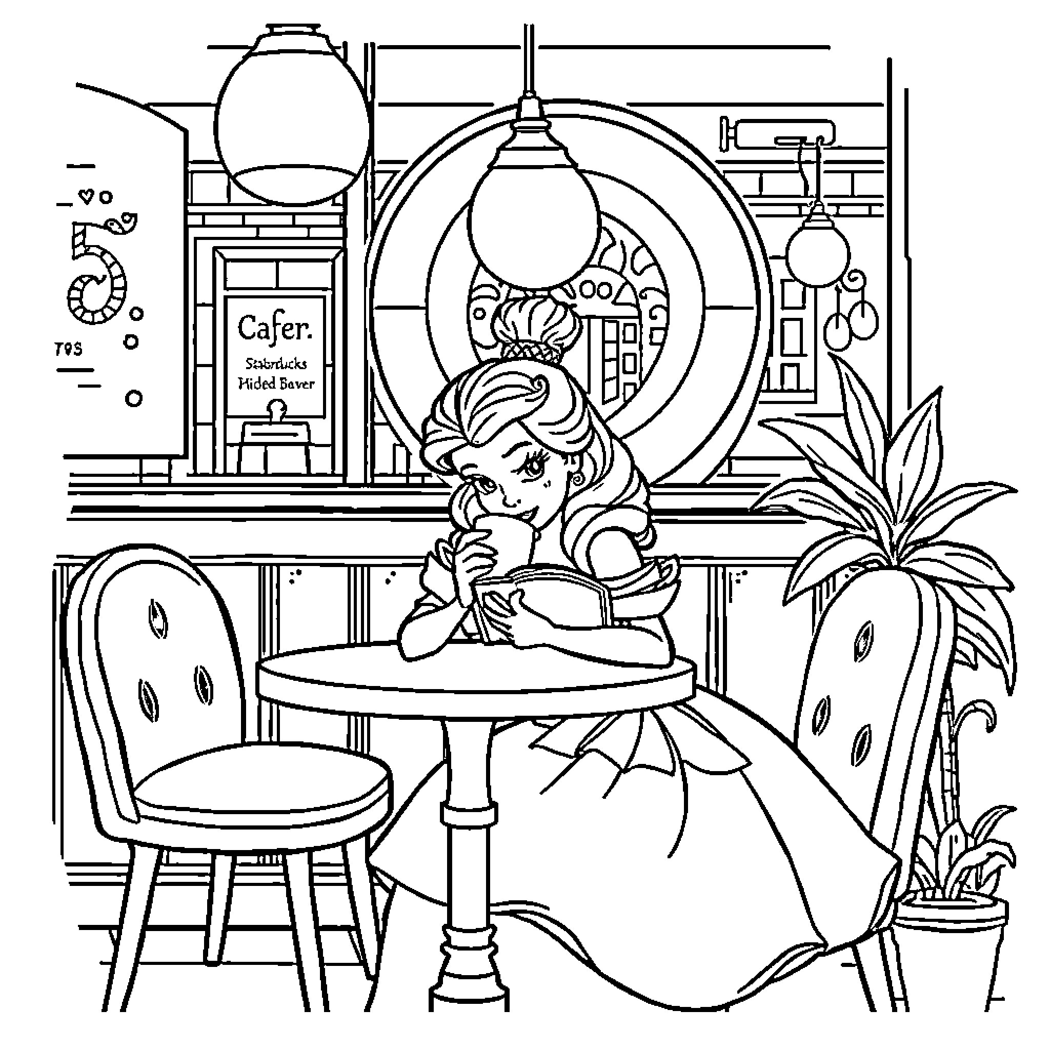 Belle Relaxing in a Cozy Cafe Setting Coloring Page (free black-and-white line drawing printable PDF for all, from beginners to advanced learners, including children, teens, adults, and seniors)