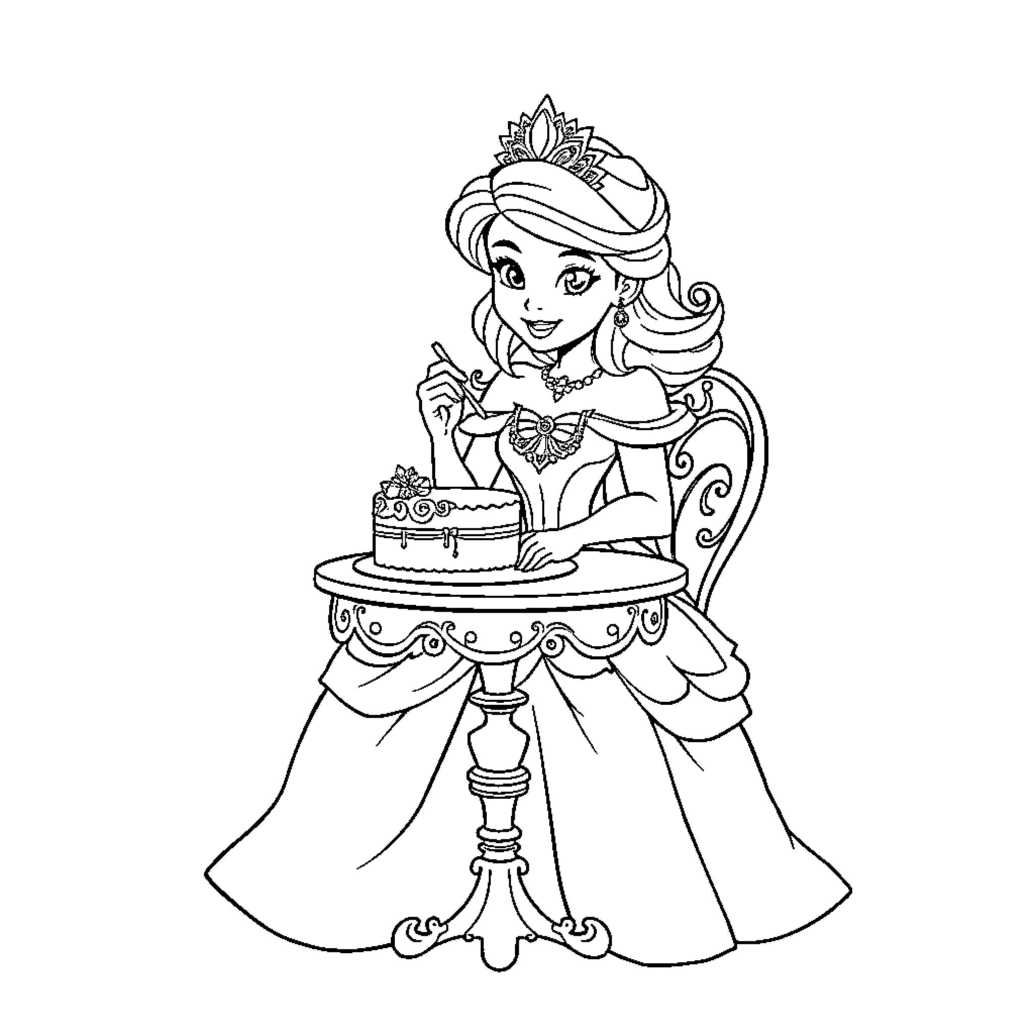 Princess Celebrating with Ornate Cake Coloring Page (free black-and-white line drawing printable PDF for all, from beginners to advanced learners, including children, teens, adults, and seniors)