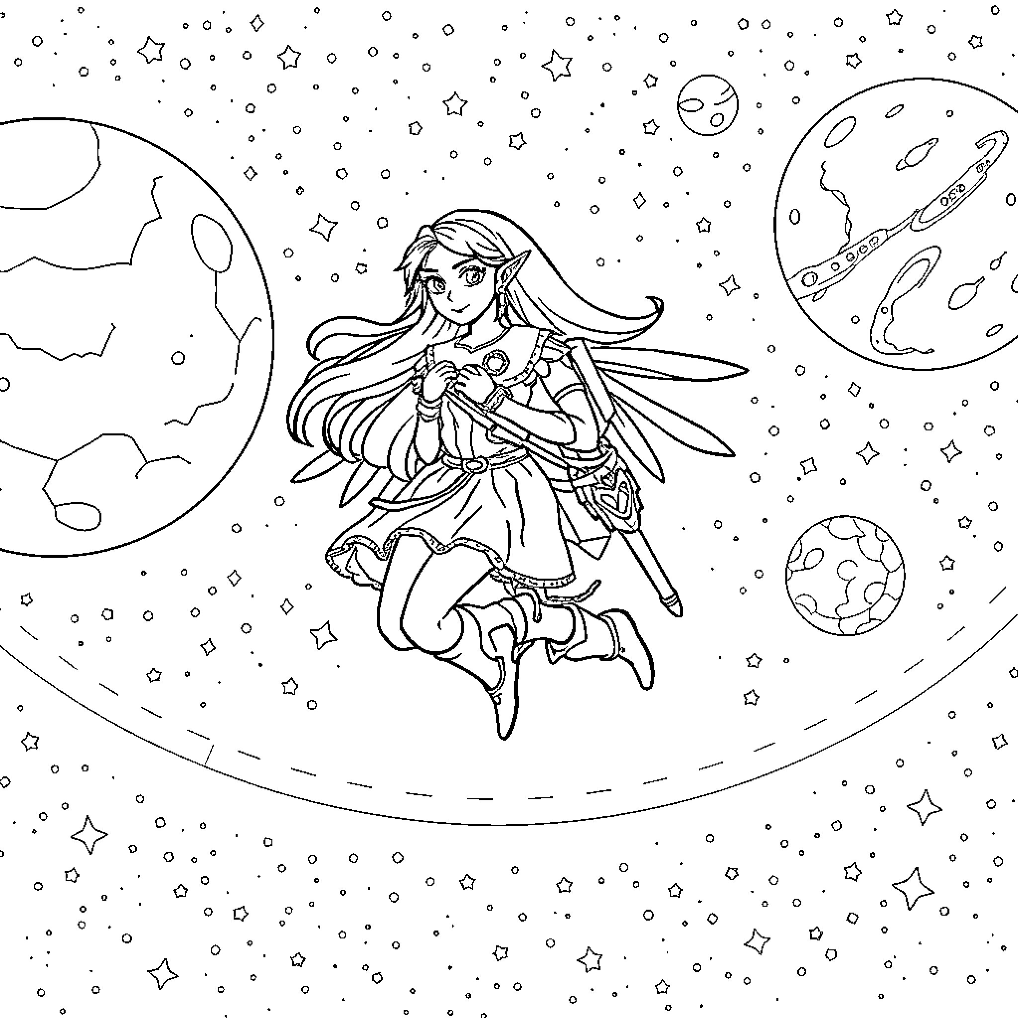 Princess flying among the stars in the cosmos Coloring Page (free black-and-white line drawing printable PDF for all, from beginners to advanced learners, including children, teens, adults, and seniors)