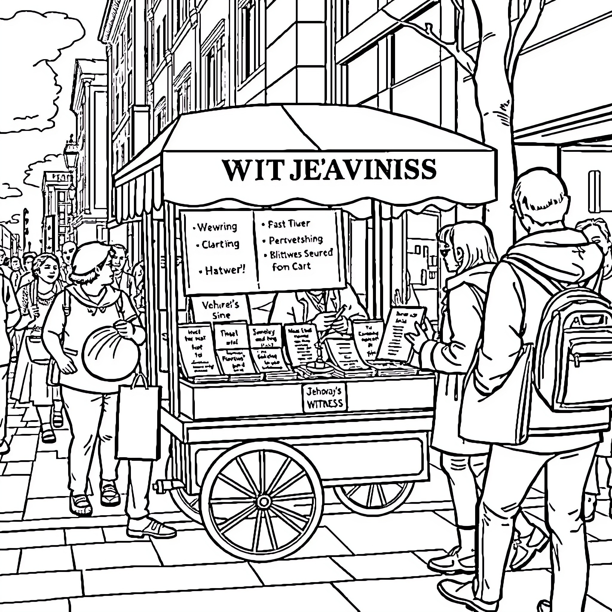 Cart selling various goods on a city street Coloring Page (free black-and-white line drawing printable PDF for all, from beginners to advanced learners, including children, teens, adults, and seniors)