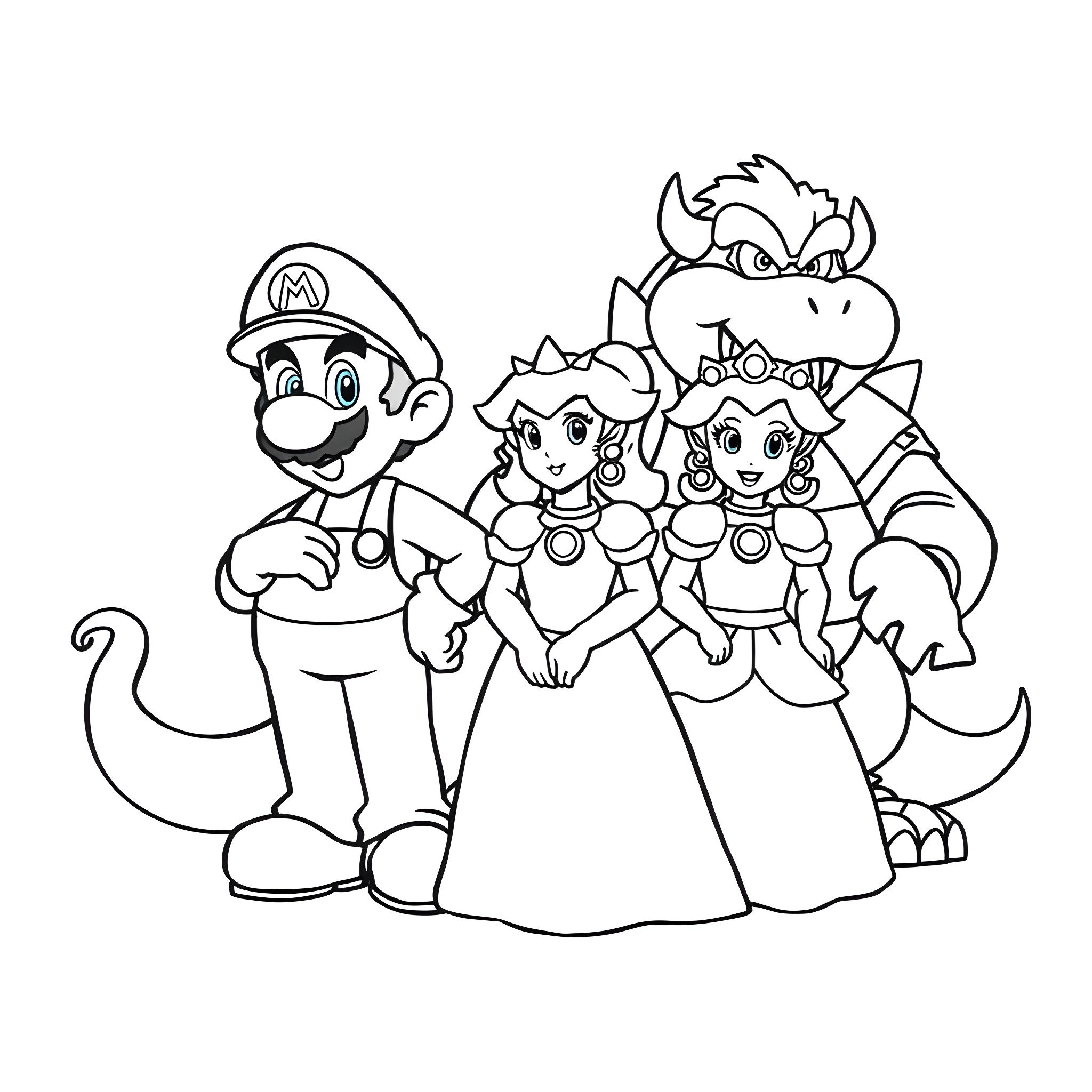 Mario and friends in their classic outfits Coloring Page (free black-and-white line drawing printable PDF for all, from beginners to advanced learners, including children, teens, adults, and seniors)