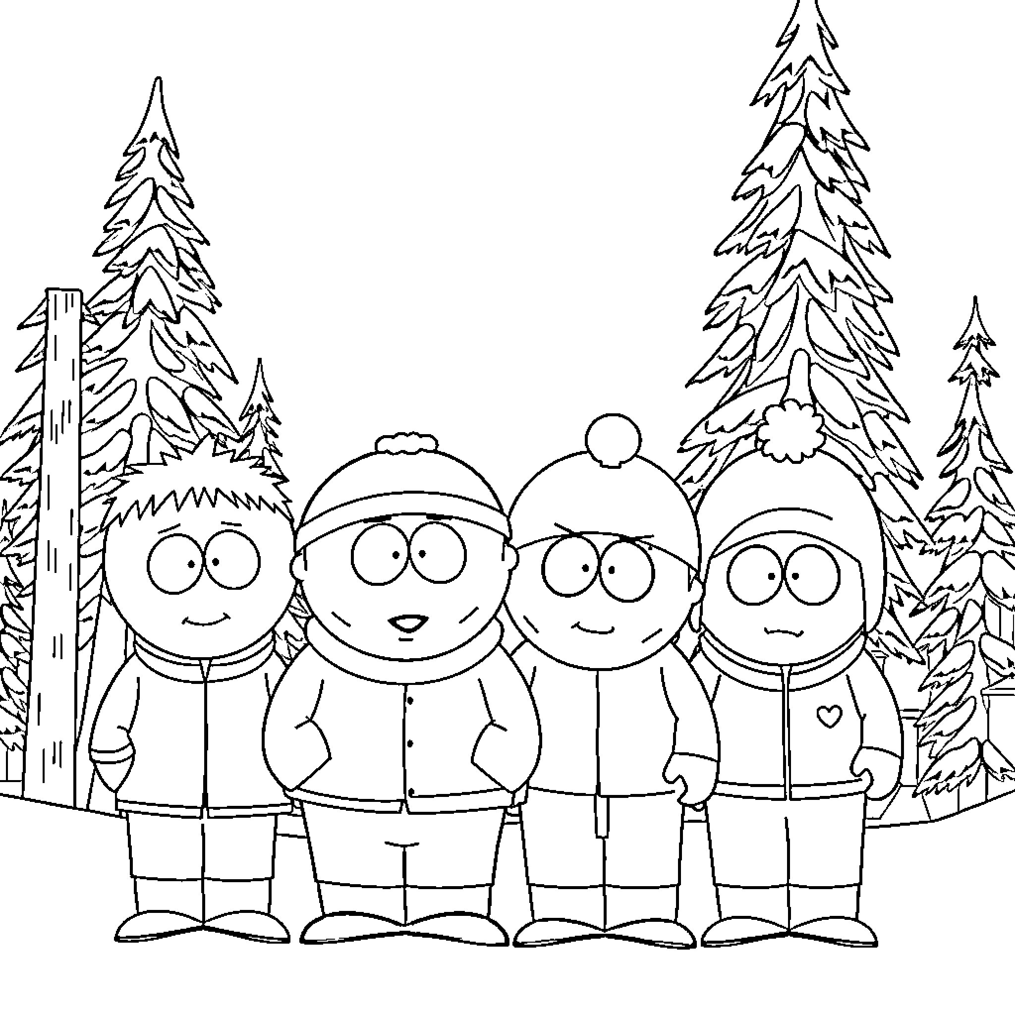 South Park Characters in Snowy Winter Scene Coloring Page (free black-and-white line drawing printable PDF for all, from beginners to advanced learners, including children, teens, adults, and seniors)