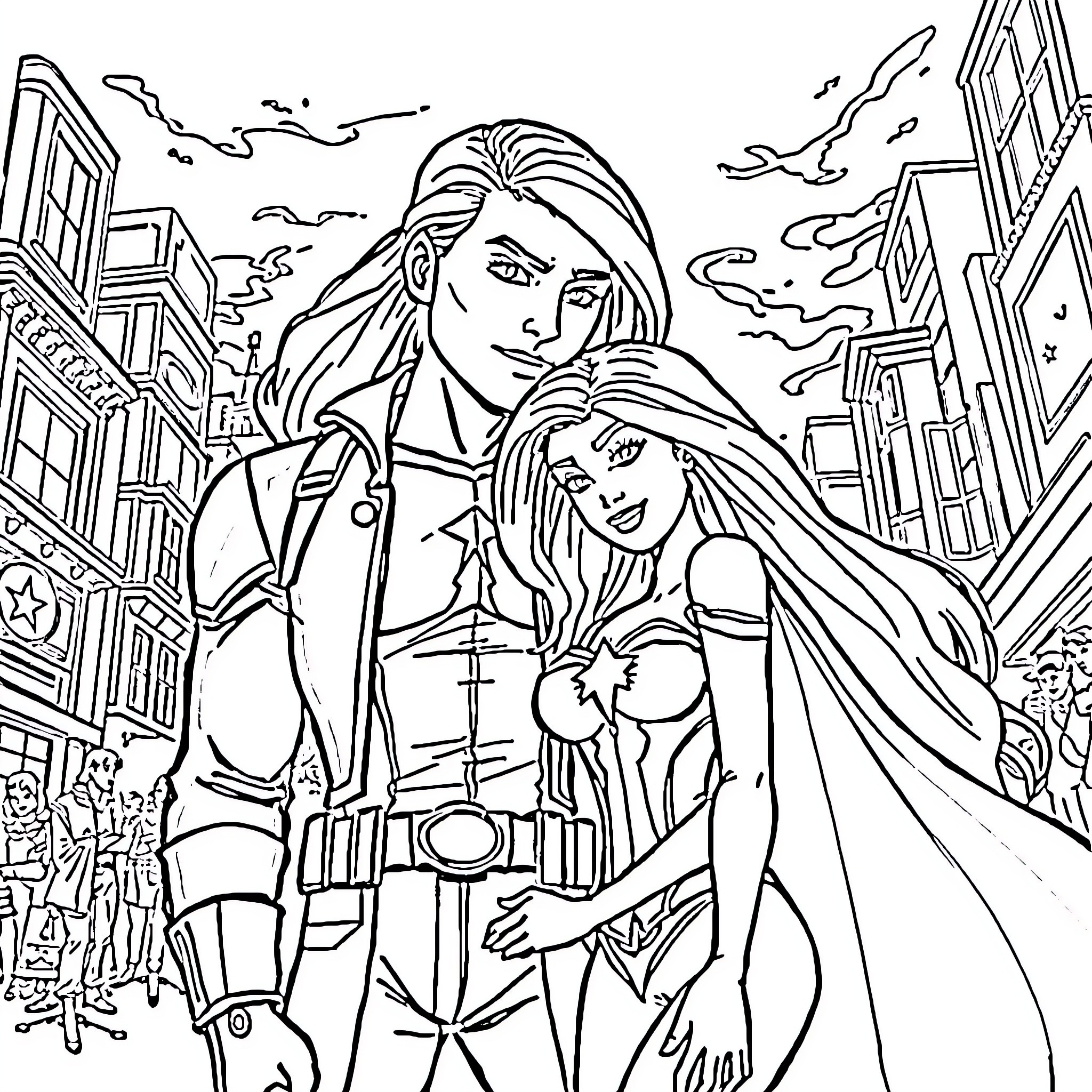 Barber Couple Enjoying the City Sights Coloring Page (free black-and-white line drawing printable PDF for all, from beginners to advanced learners, including children, teens, adults, and seniors)