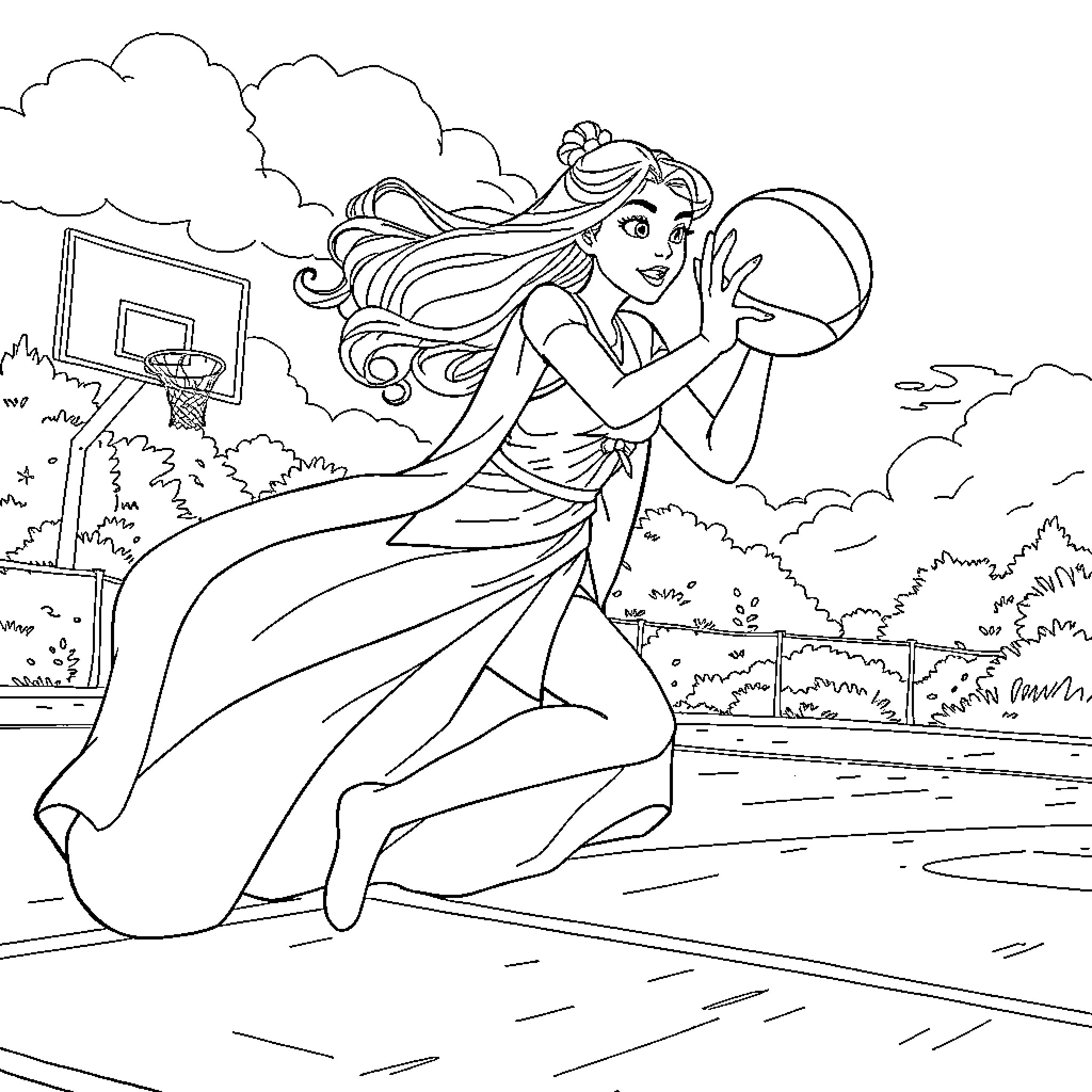 Princess playing basketball with joy in the park Coloring Page (free black-and-white line drawing printable PDF for all, from beginners to advanced learners, including children, teens, adults, and seniors)