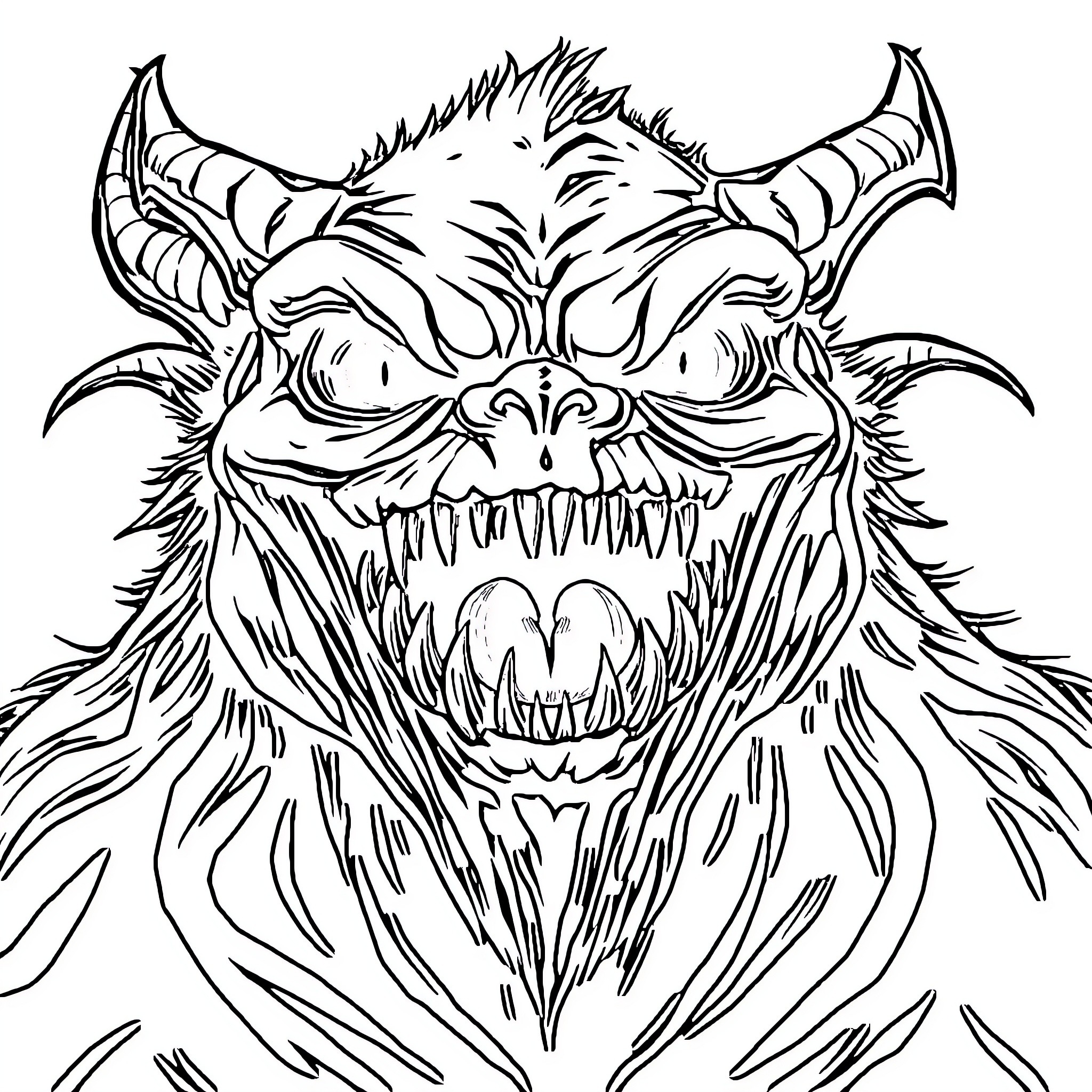 Monster with Fierce Fangs and Piercing Gaze Coloring Page (free black-and-white line drawing printable PDF for all, from beginners to advanced learners, including children, teens, adults, and seniors)
