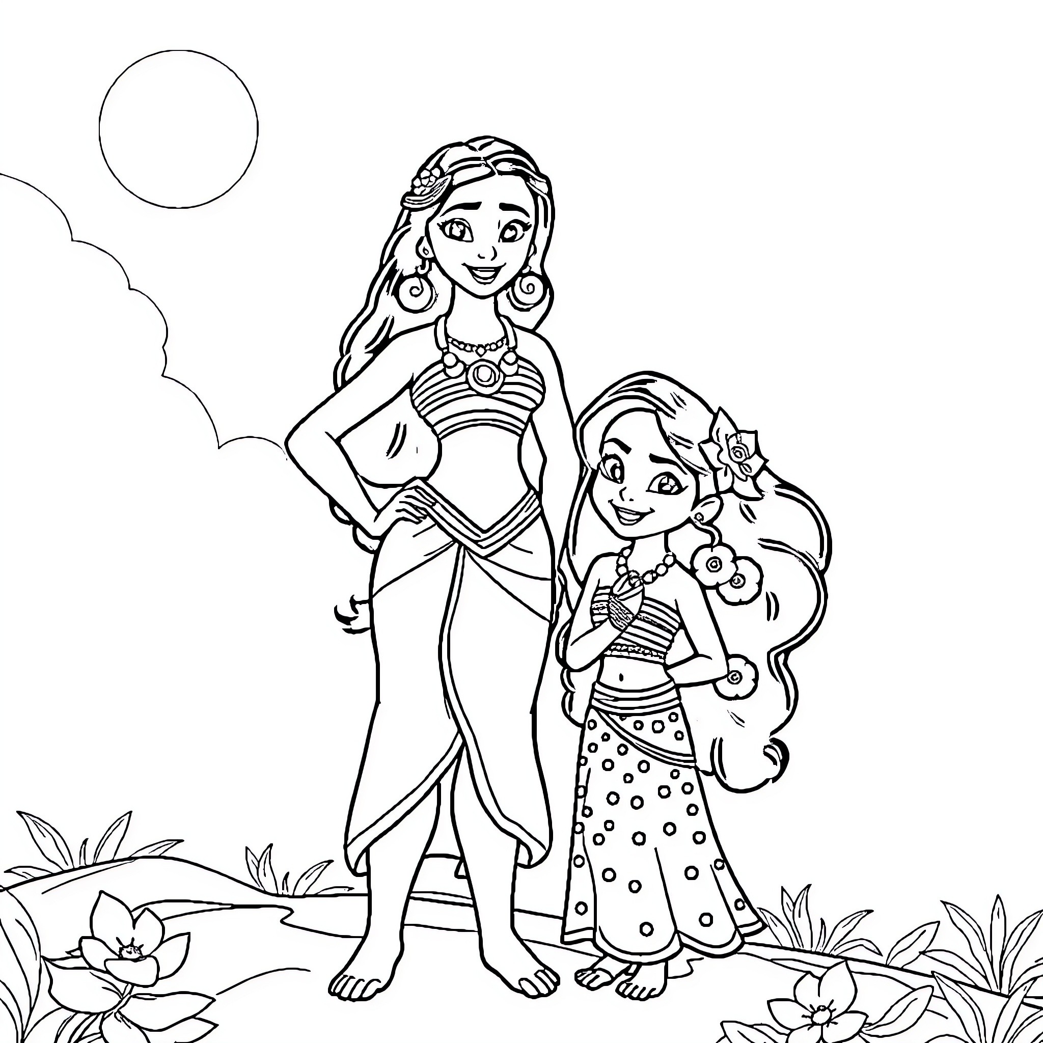 Vaiana and her friend in a tropical setting Coloring Page (free black-and-white line drawing printable PDF for all, from beginners to advanced learners, including children, teens, adults, and seniors)