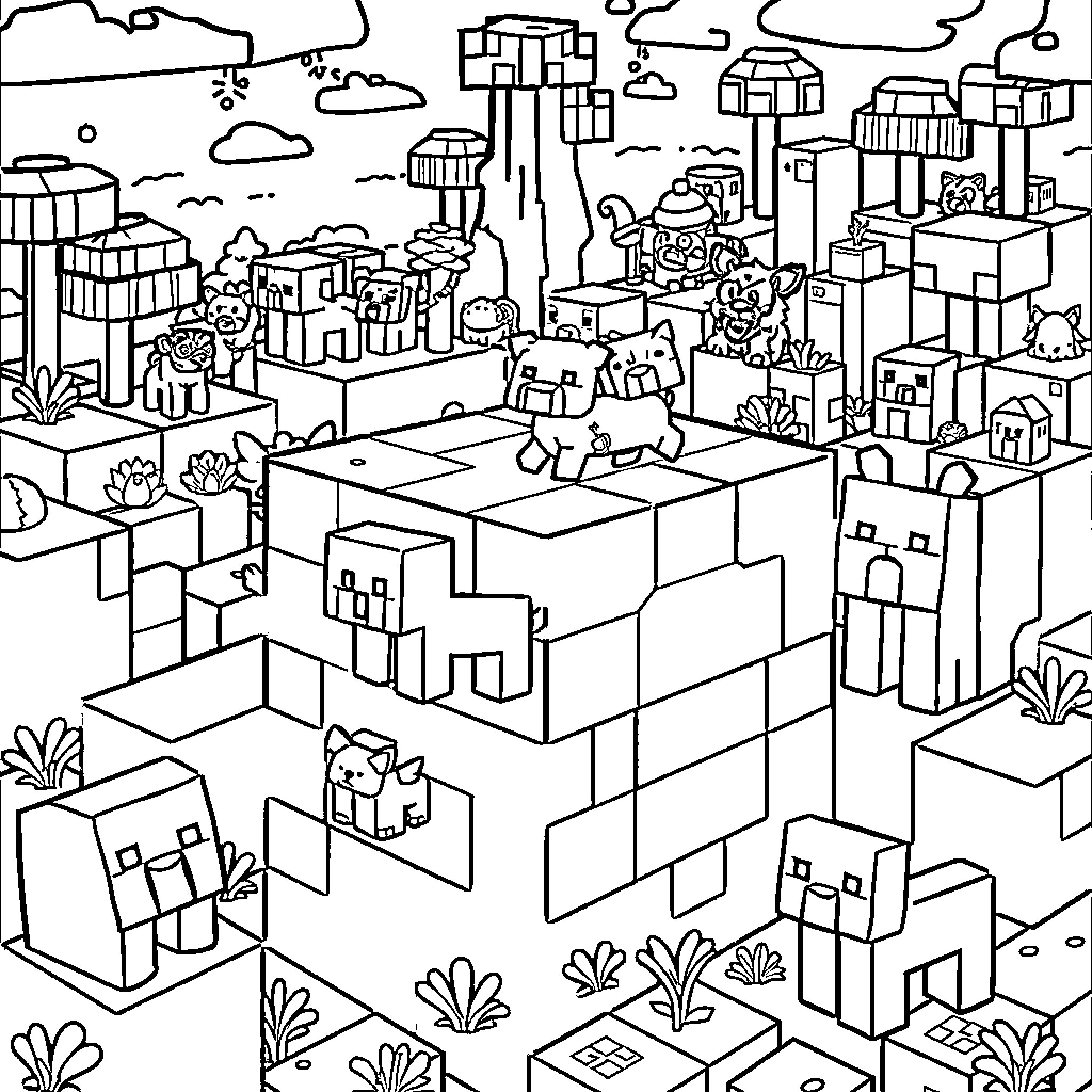 Animal Inhabitants in Geometric Block World Coloring Page (free black-and-white line drawing printable PDF for all, from beginners to advanced learners, including children, teens, adults, and seniors)