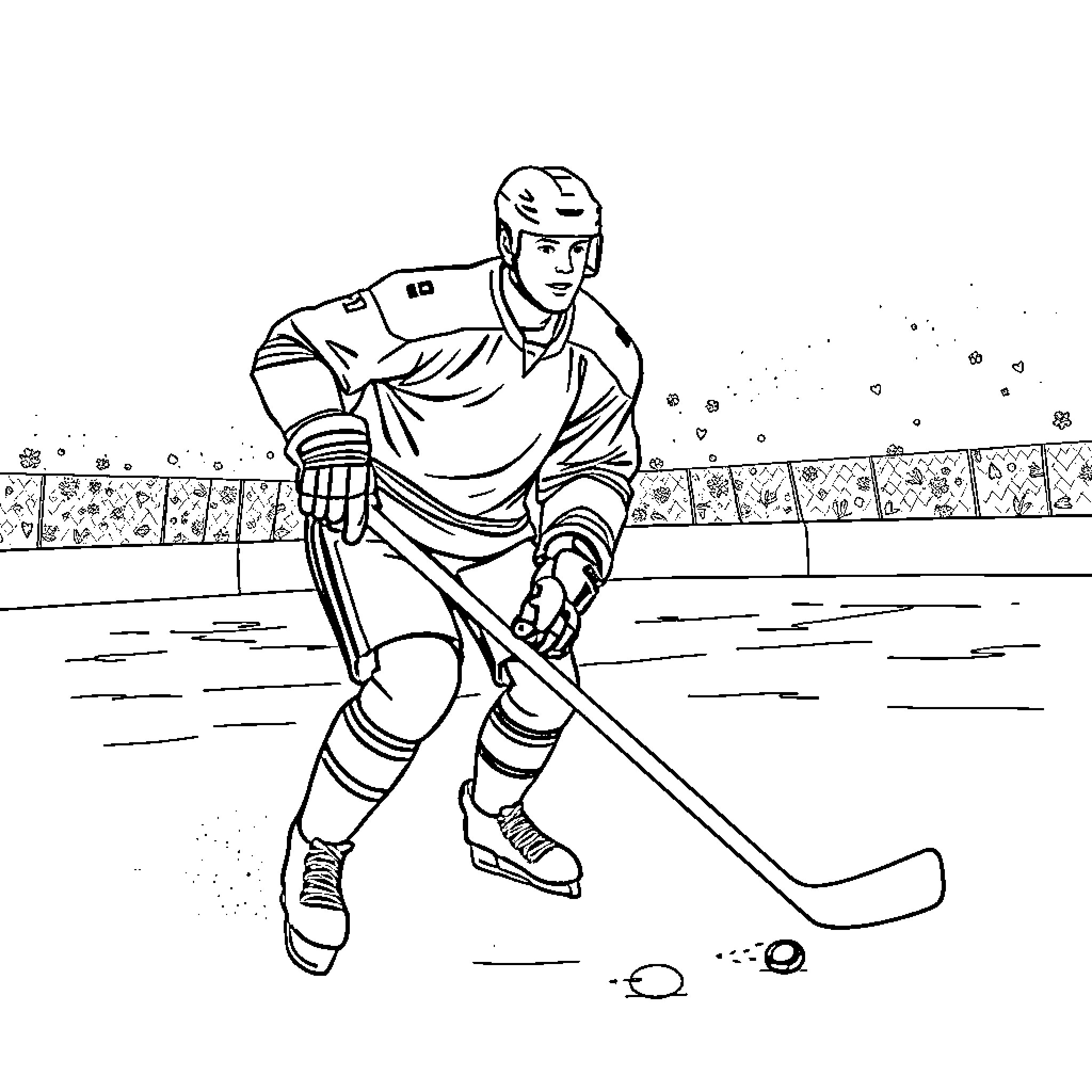 Eishockeyspieler on ice rink with hockey stick Coloring Page (free black-and-white line drawing printable PDF for all, from beginners to advanced learners, including children, teens, adults, and seniors)