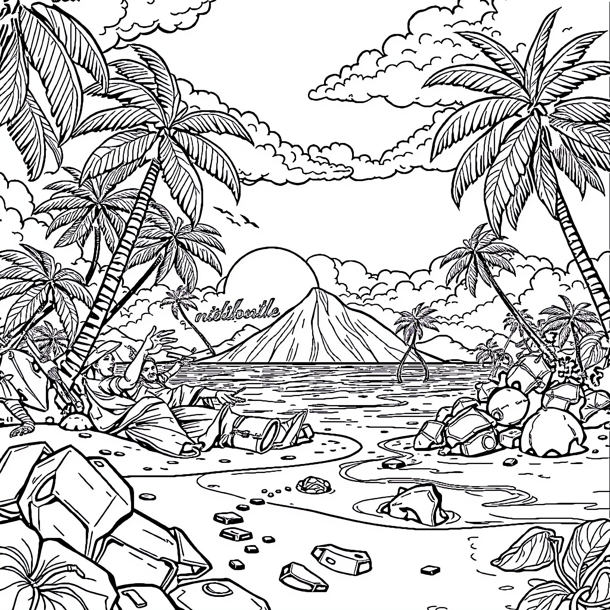 Free Fire Tropical Paradise Landscape Coloring Page (free black-and-white line drawing printable PDF for all, from beginners to advanced learners, including children, teens, adults, and seniors)