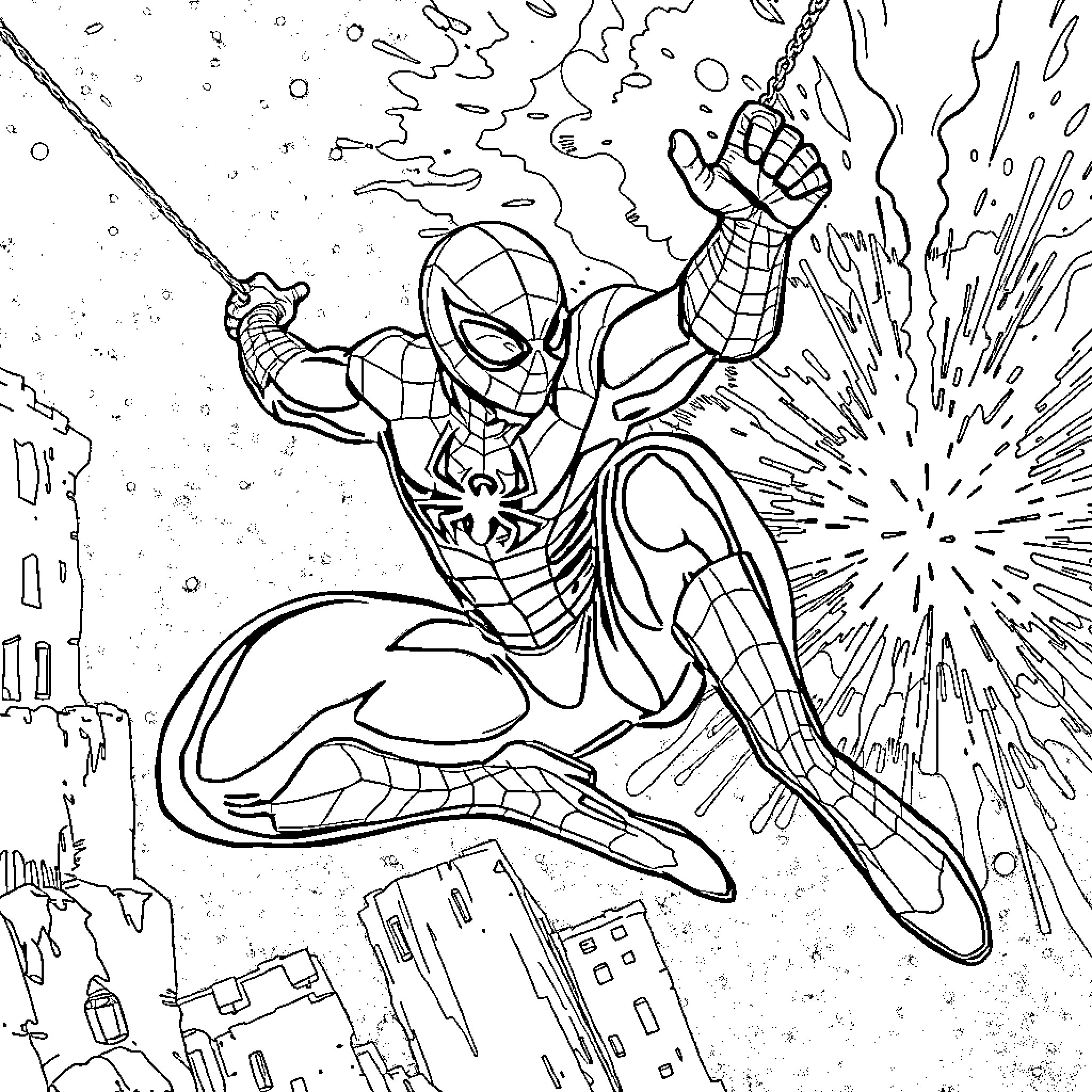 Spider-Man swinging into action over city Coloring Page (free black-and-white line drawing printable PDF for all, from beginners to advanced learners, including children, teens, adults, and seniors)