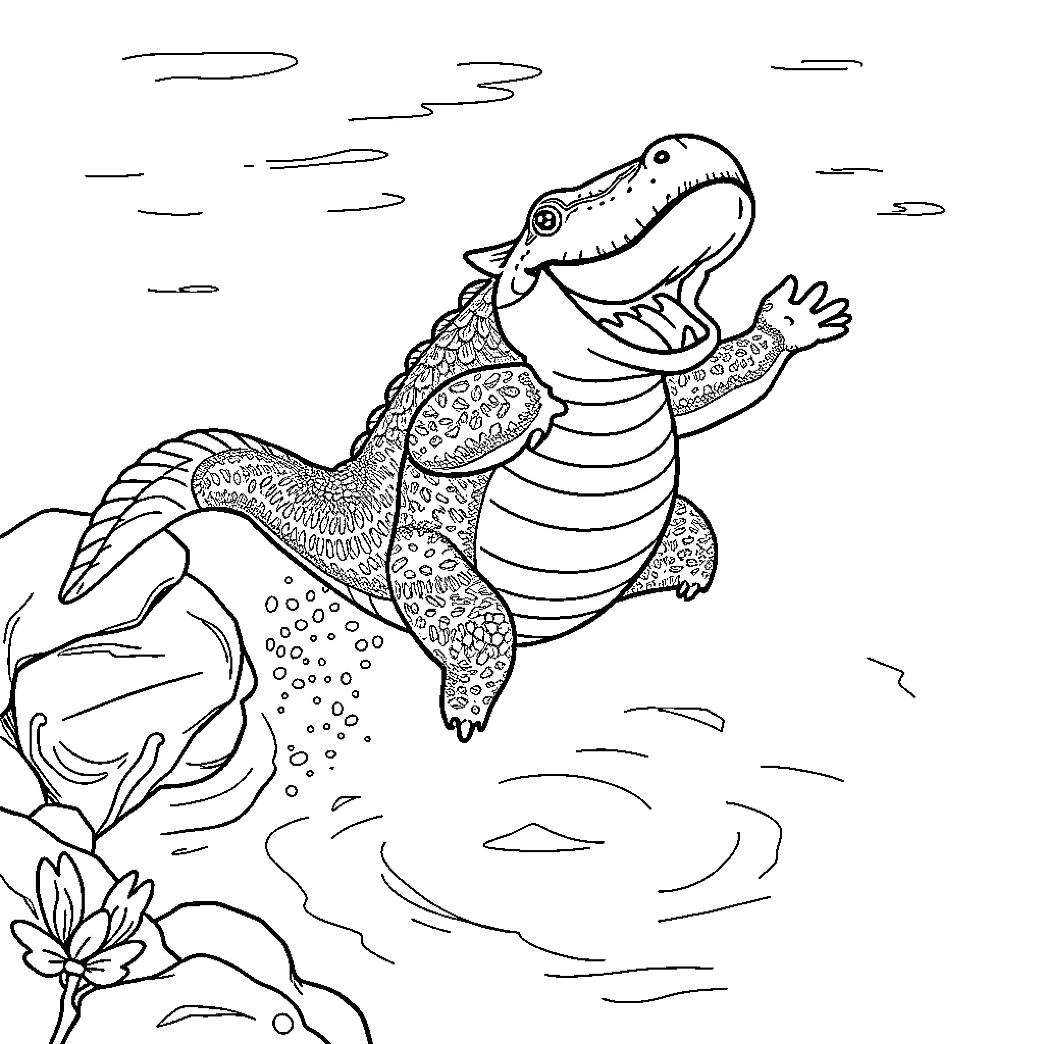 Caca Crocodile swimming in pond Coloring Page (free black-and-white line drawing printable PDF for all, from beginners to advanced learners, including children, teens, adults, and seniors)