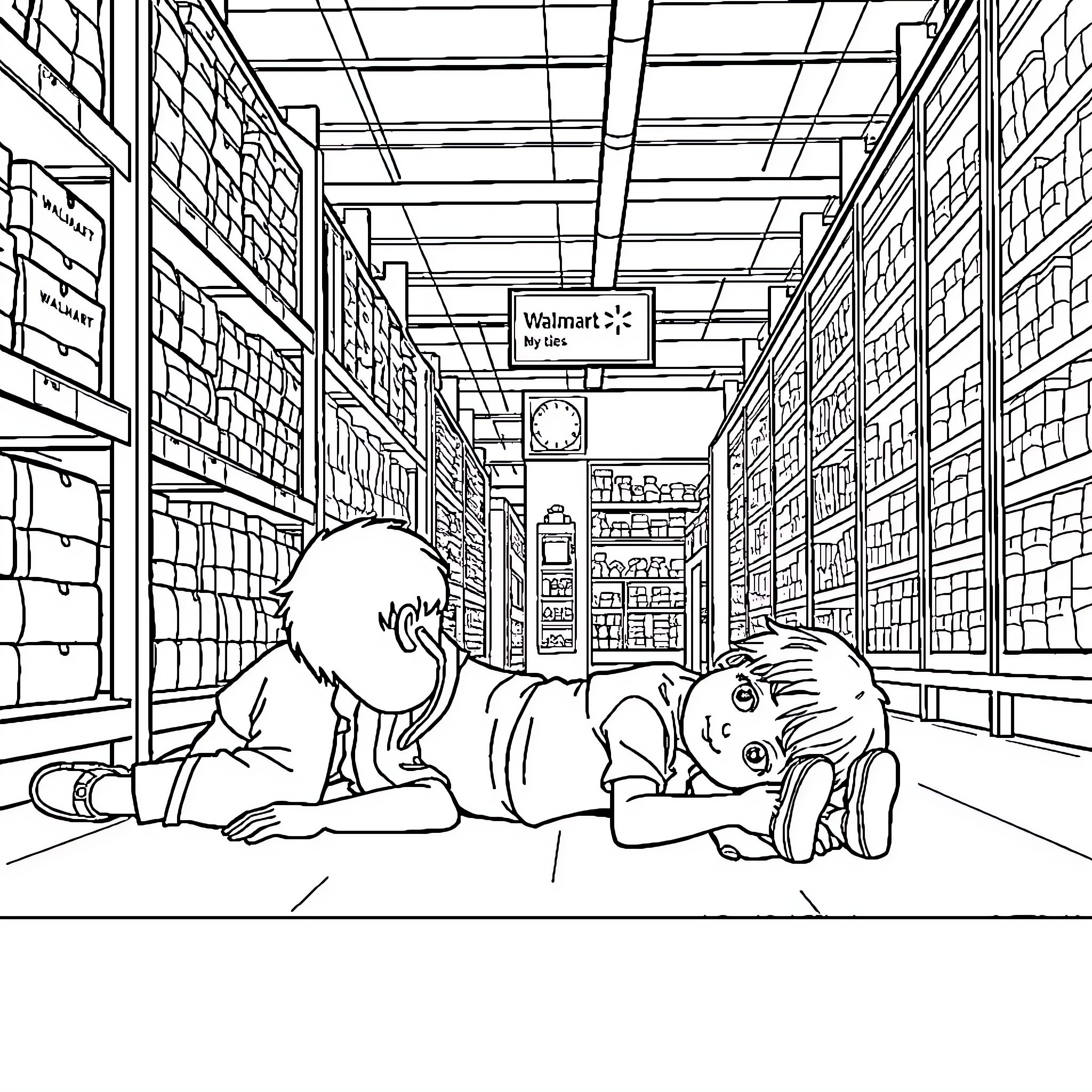 Adult figures resting on store floor Coloring Page (free black-and-white line drawing printable PDF for all, from beginners to advanced learners, including children, teens, adults, and seniors)