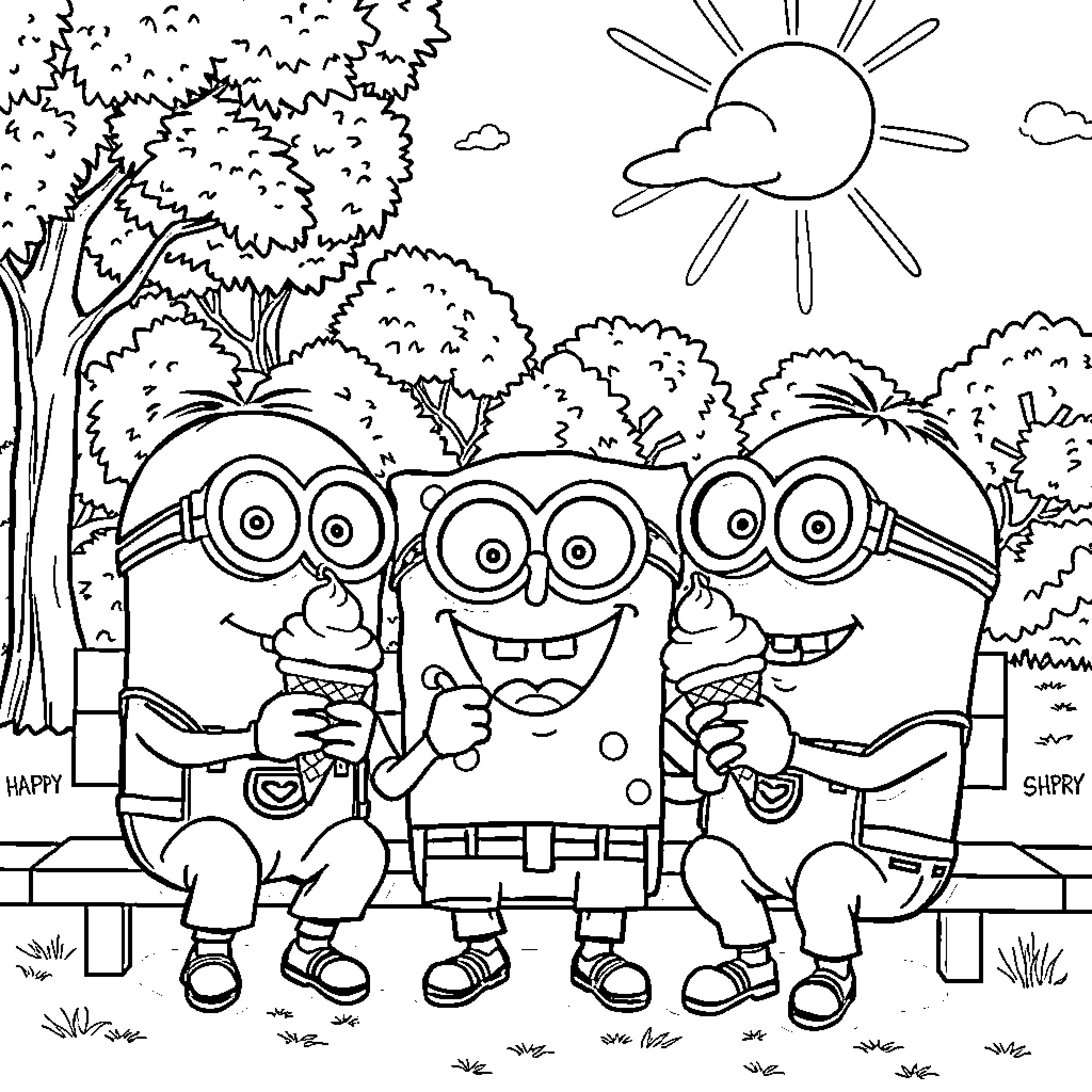 Minions enjoying a sunny day outdoors Coloring Page (free black-and-white line drawing printable PDF for all, from beginners to advanced learners, including children, teens, adults, and seniors)