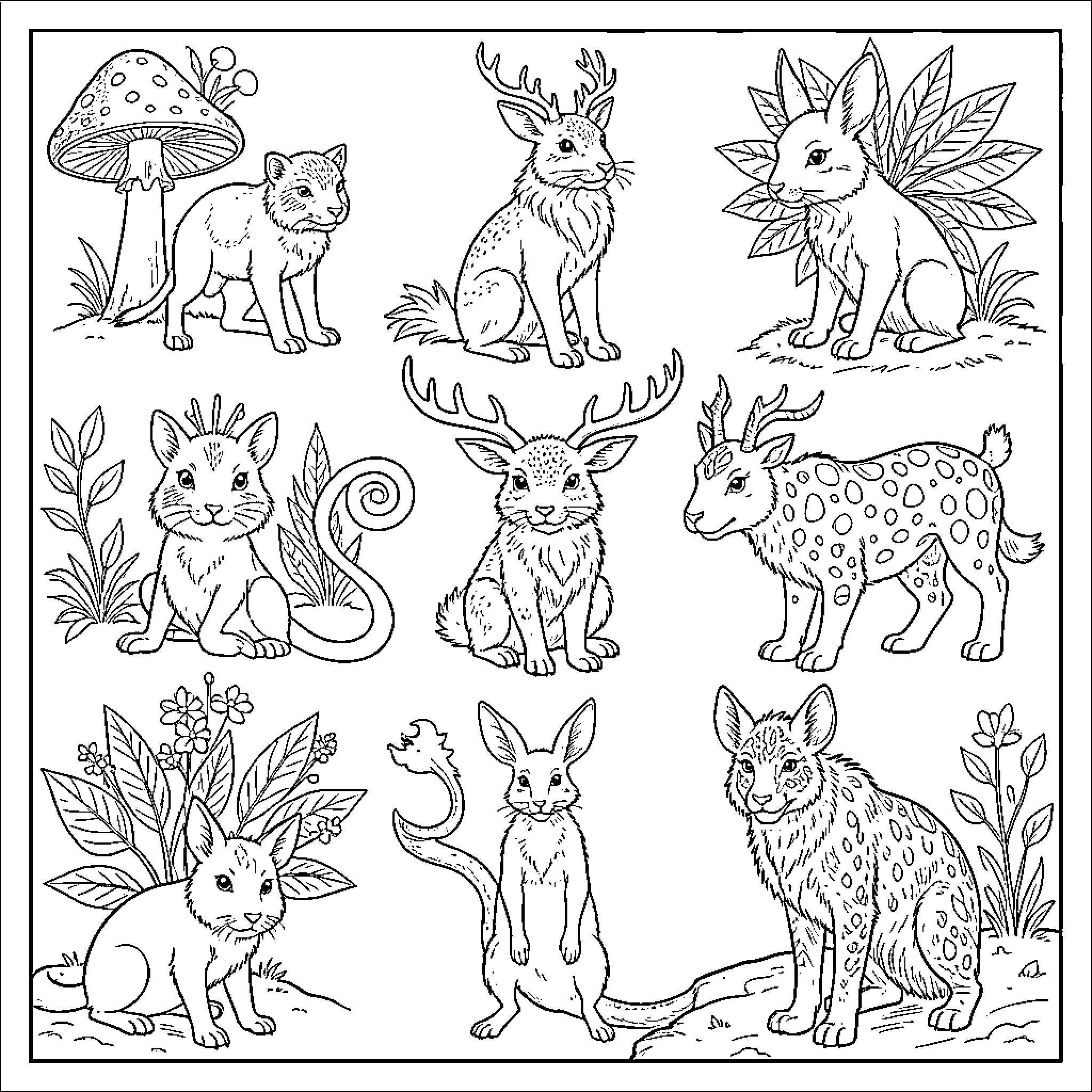 Seres Vivos showing various cute animal expressions Coloring Page (free black-and-white line drawing printable PDF for all, from beginners to advanced learners, including children, teens, adults, and seniors)