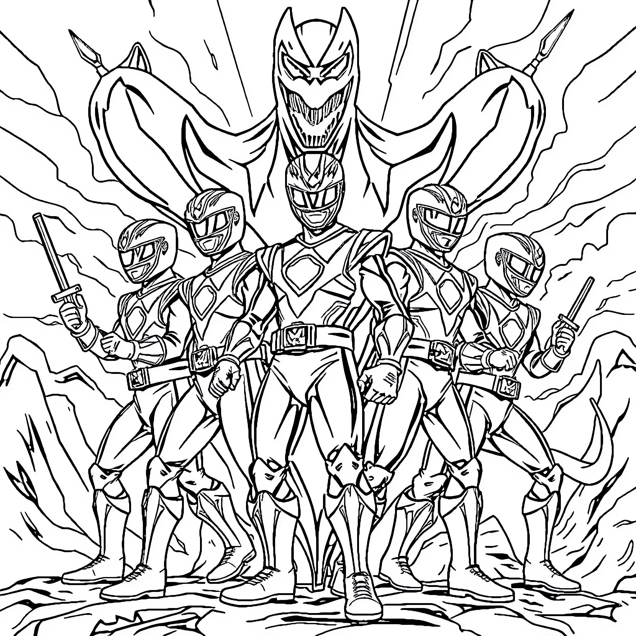 Power Rangers team in fierce battle mode Coloring Page (free black-and-white line drawing printable PDF for all, from beginners to advanced learners, including children, teens, adults, and seniors)