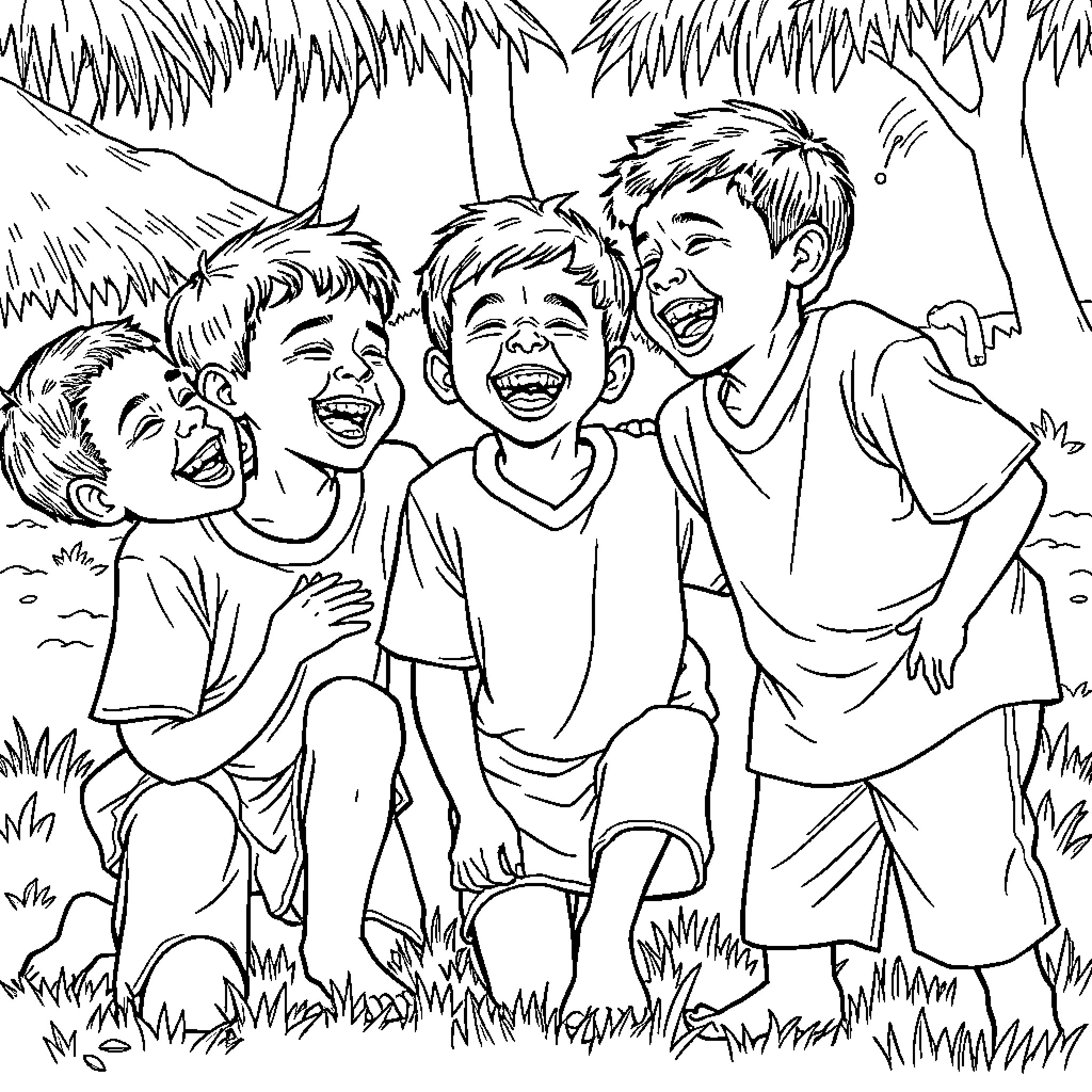 Saja Boy's Joyful Childhood Adventure Coloring Page (free black-and-white line drawing printable PDF for all, from beginners to advanced learners, including children, teens, adults, and seniors)