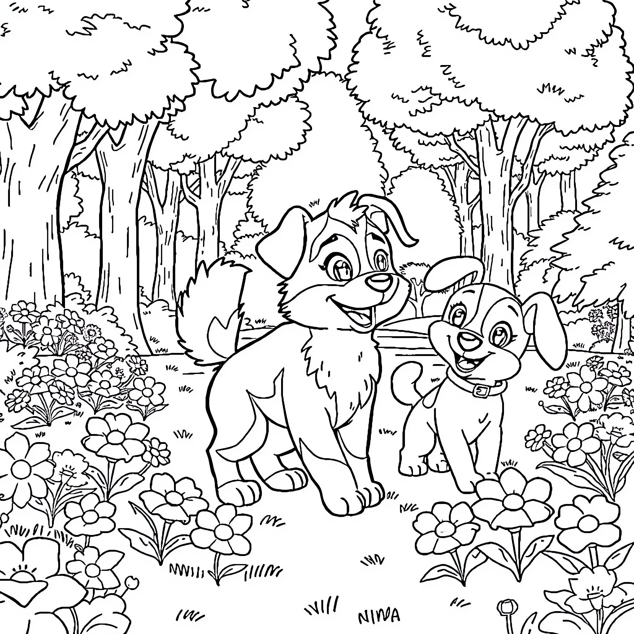Rumi's Joyful Adventure in the Enchanted Forest Coloring Page (free black-and-white line drawing printable PDF for all, from beginners to advanced learners, including children, teens, adults, and seniors)