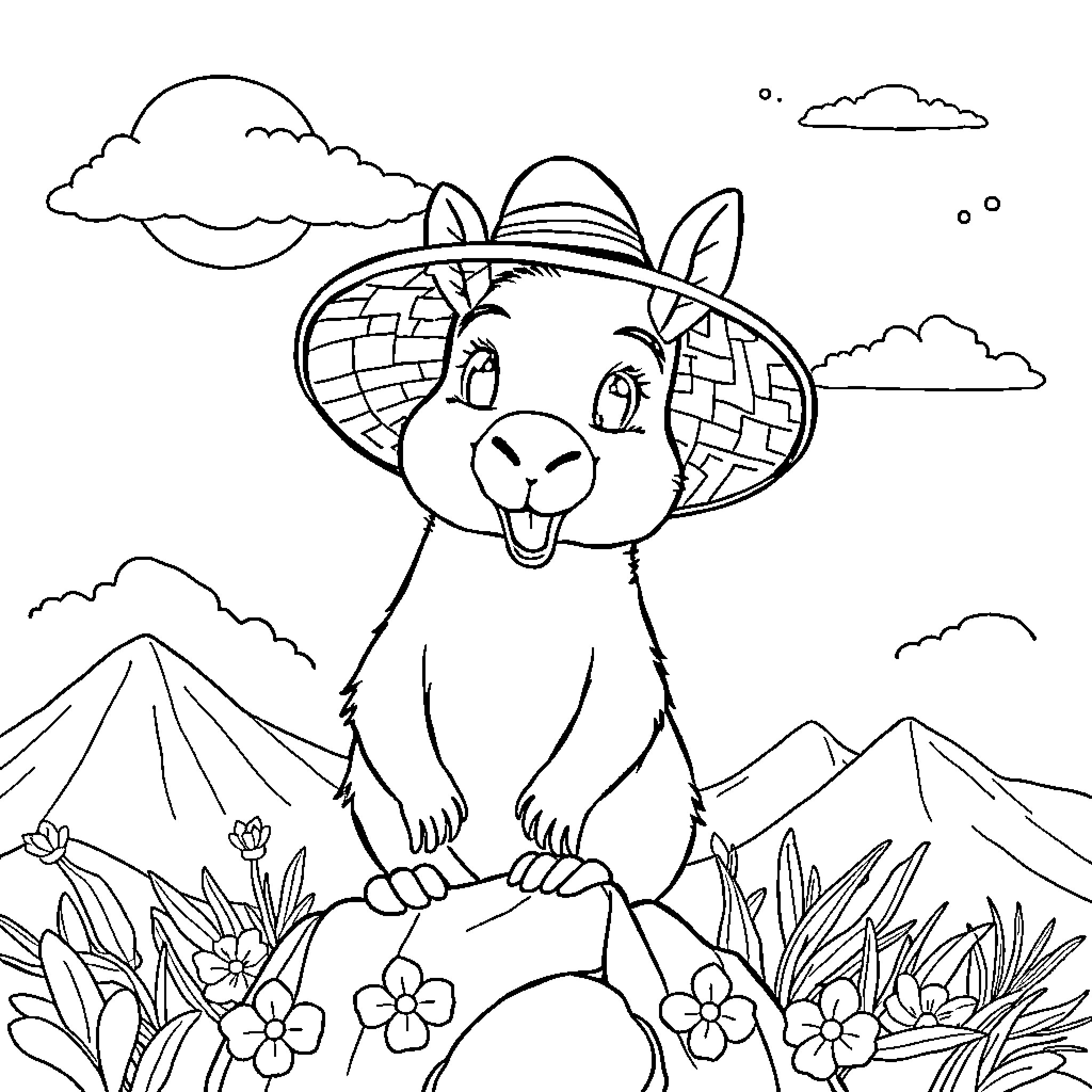 Capybara exploring the mountain landscape Coloring Page (free black-and-white line drawing printable PDF for all, from beginners to advanced learners, including children, teens, adults, and seniors)