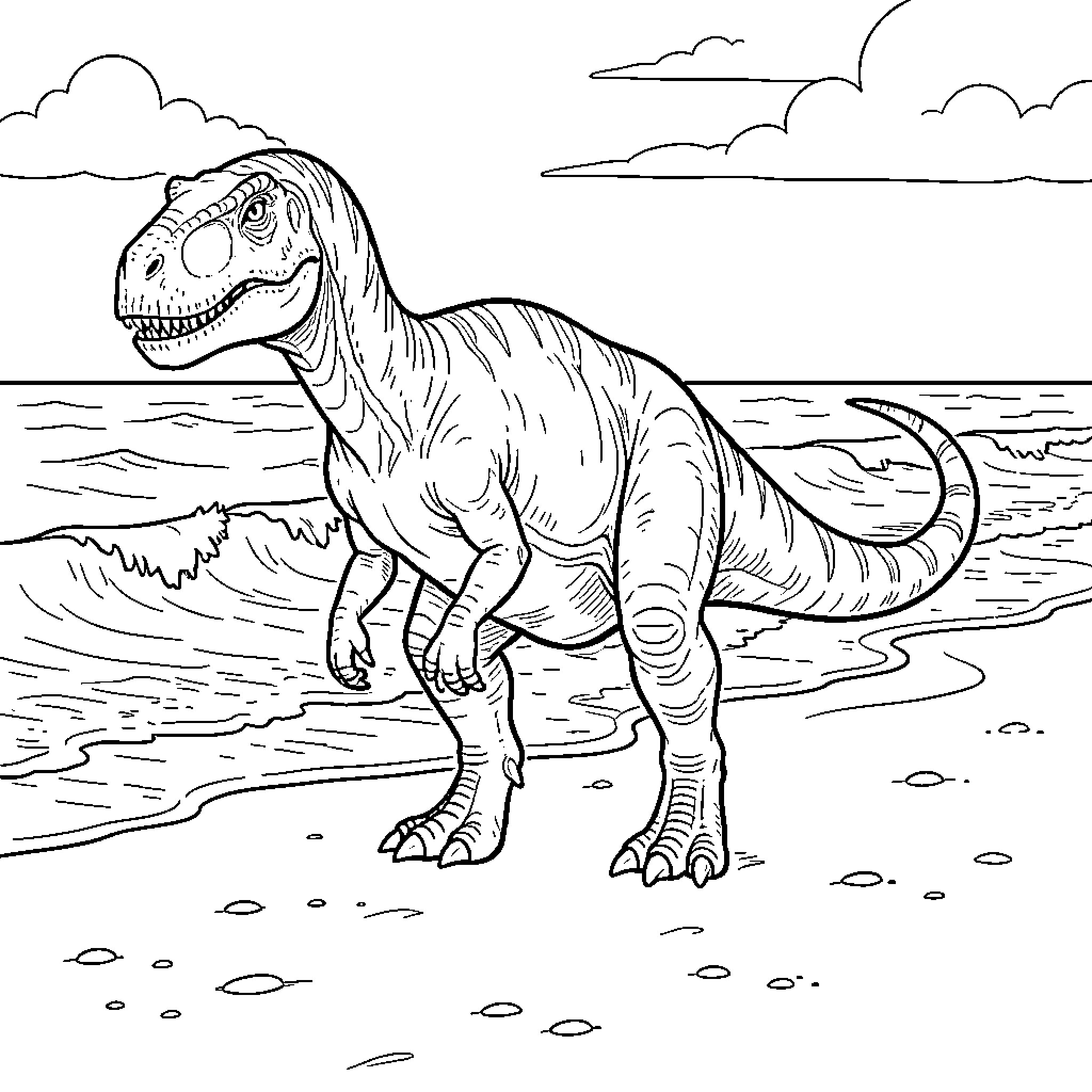 Dinosaur walking along a peaceful sandy beach Coloring Page (free black-and-white line drawing printable PDF for all, from beginners to advanced learners, including children, teens, adults, and seniors)