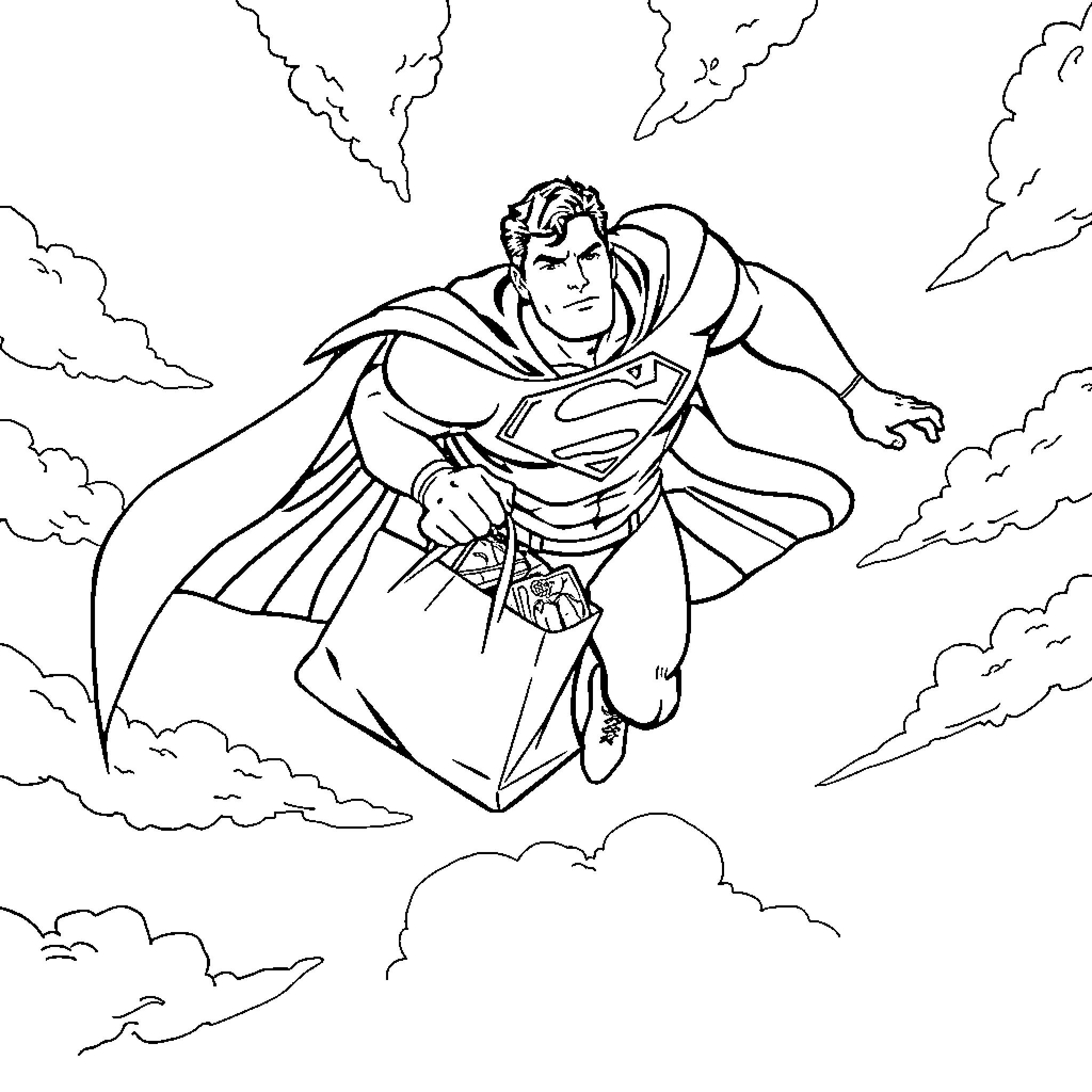 Superman flying courageously through the skies Coloring Page (free black-and-white line drawing printable PDF for all, from beginners to advanced learners, including children, teens, adults, and seniors)