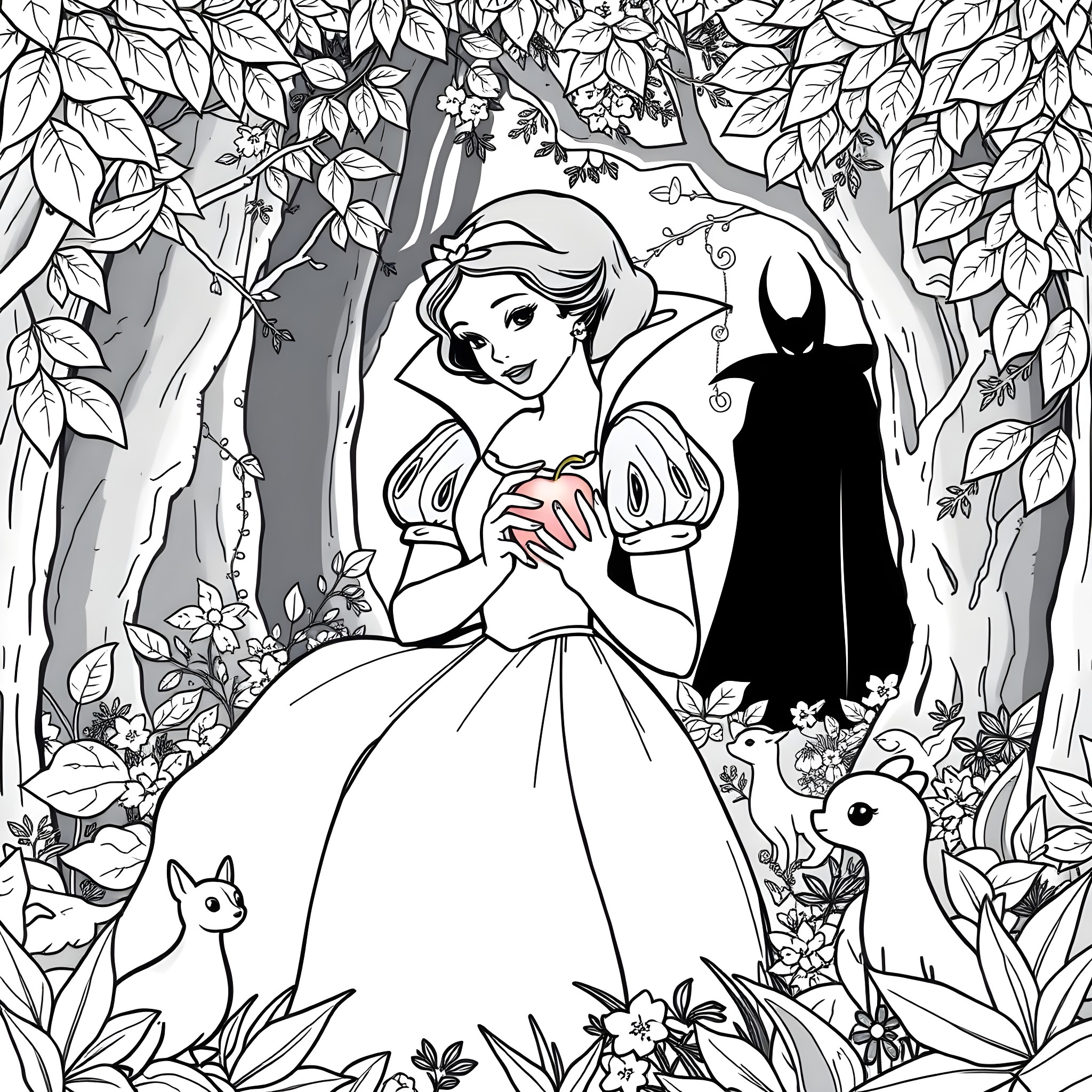 Snow White in a Magical Forest Coloring Page (free black-and-white line drawing printable PDF for all, from beginners to advanced learners, including children, teens, adults, and seniors)