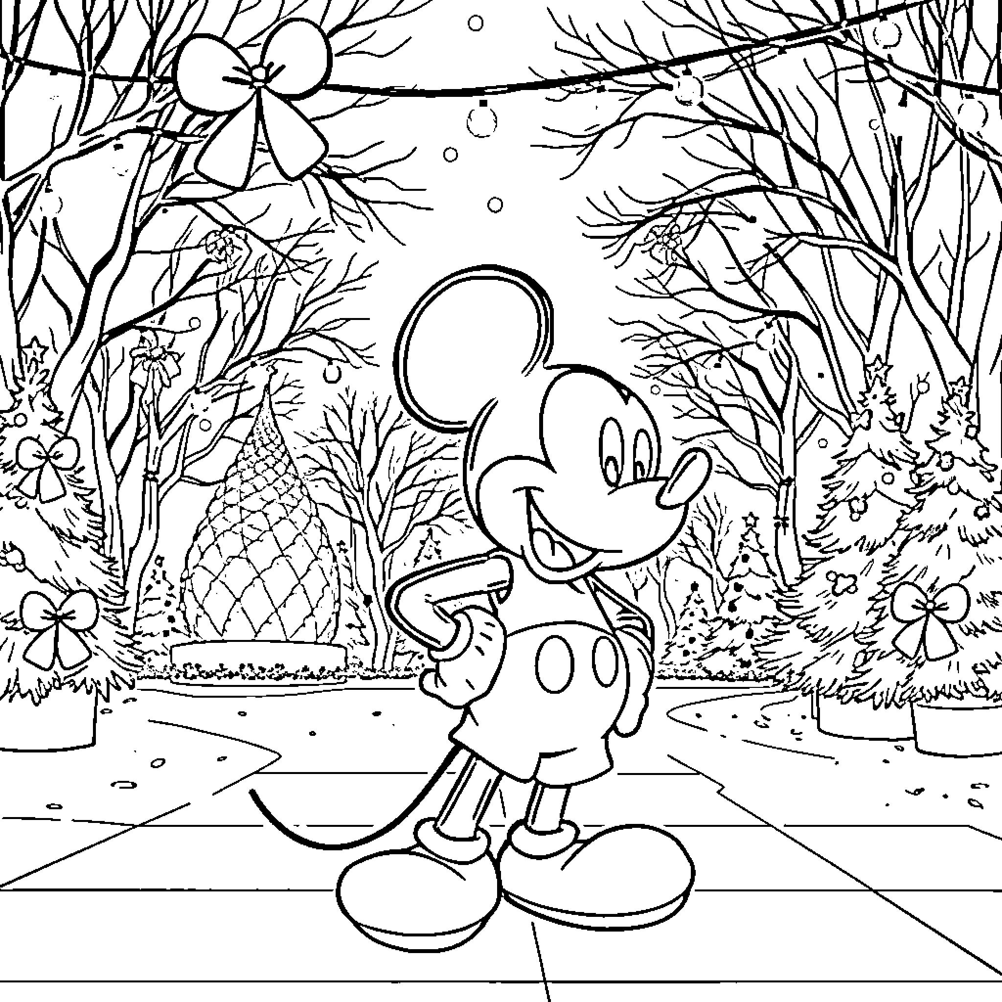 Mickey Mouse exploring a wintry wonderland Coloring Page (free black-and-white line drawing printable PDF for all, from beginners to advanced learners, including children, teens, adults, and seniors)