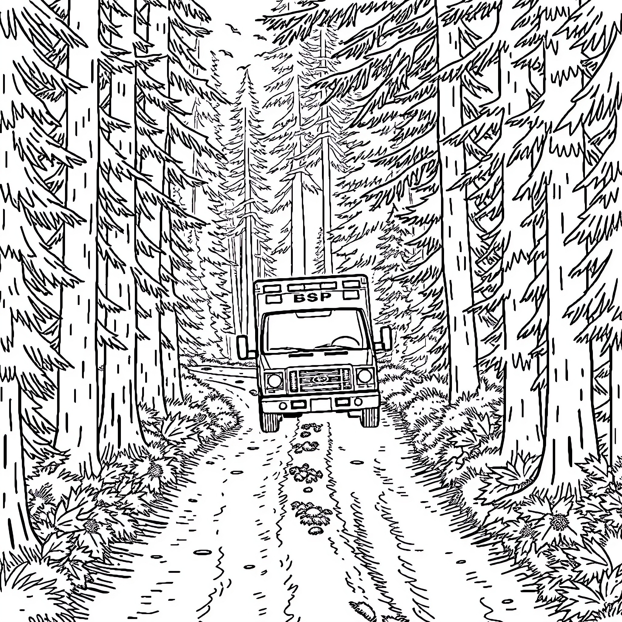 Ambulance responding to emergency in forested area Coloring Page (free black-and-white line drawing printable PDF for all, from beginners to advanced learners, including children, teens, adults, and seniors)