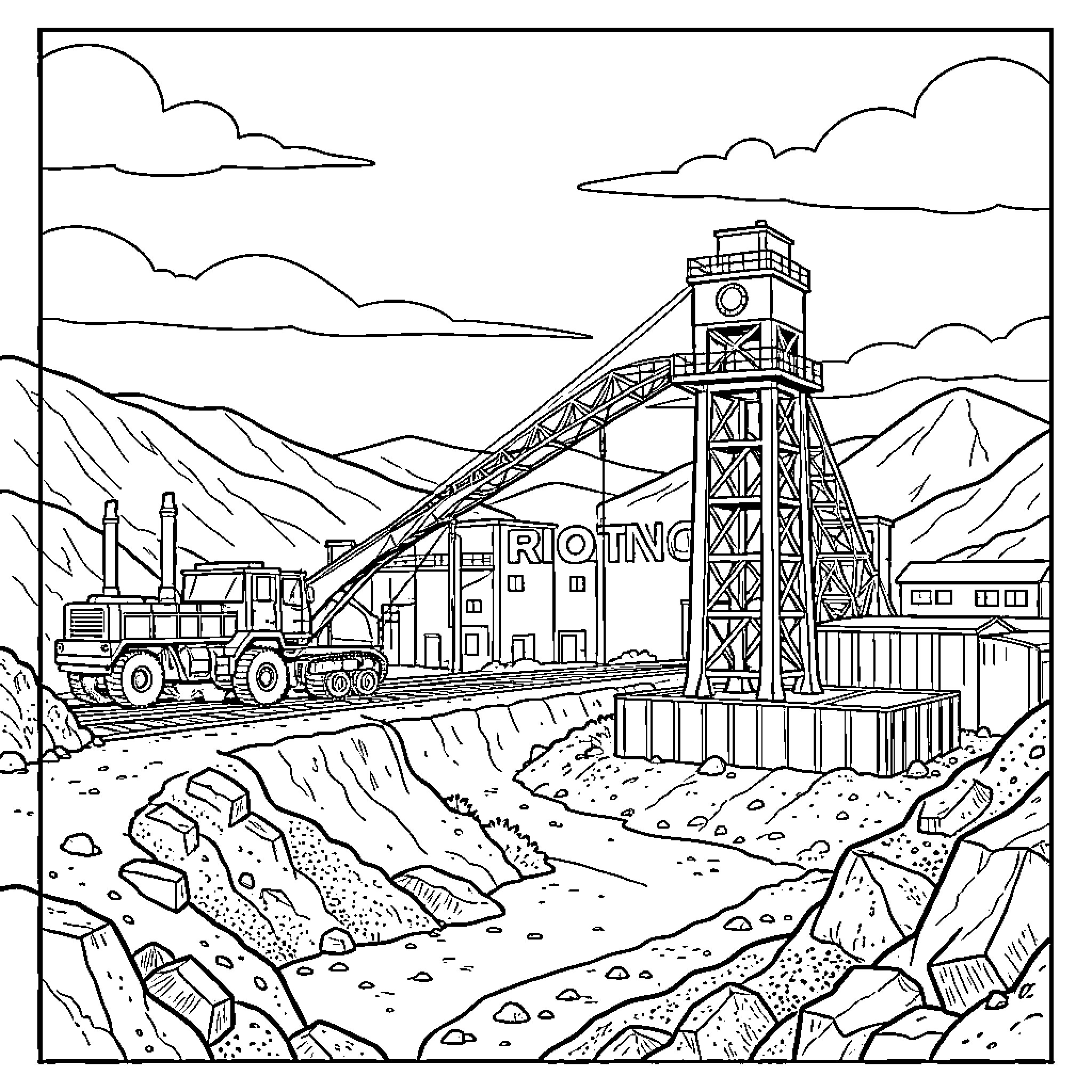 Rio Tinto mining equipment operating in a mountainous landscape Coloring Page (free black-and-white line drawing printable PDF for all, from beginners to advanced learners, including children, teens, adults, and seniors)