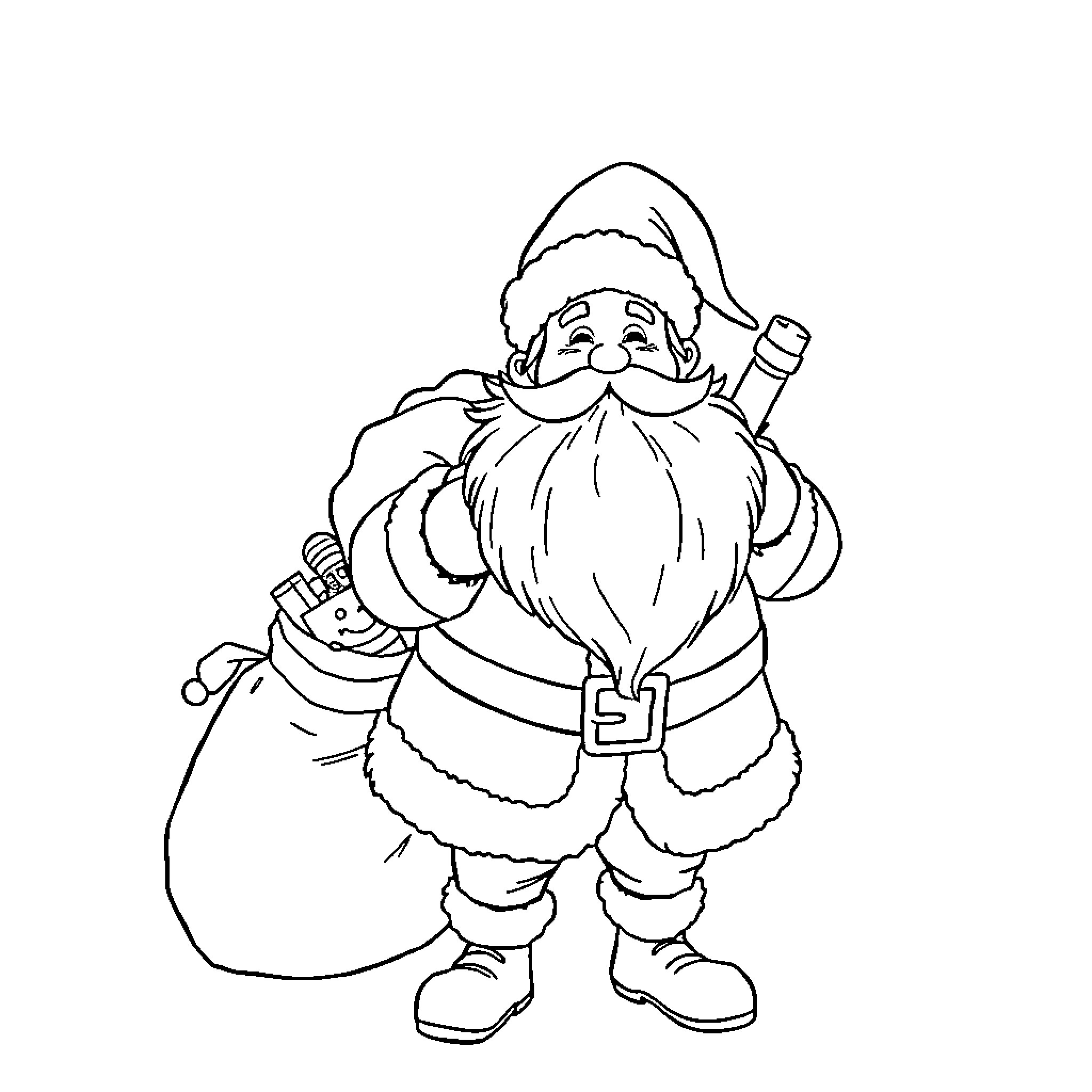 Santa Claus holding a sack of gifts Coloring Page (free black-and-white line drawing printable PDF for all, from beginners to advanced learners, including children, teens, adults, and seniors)