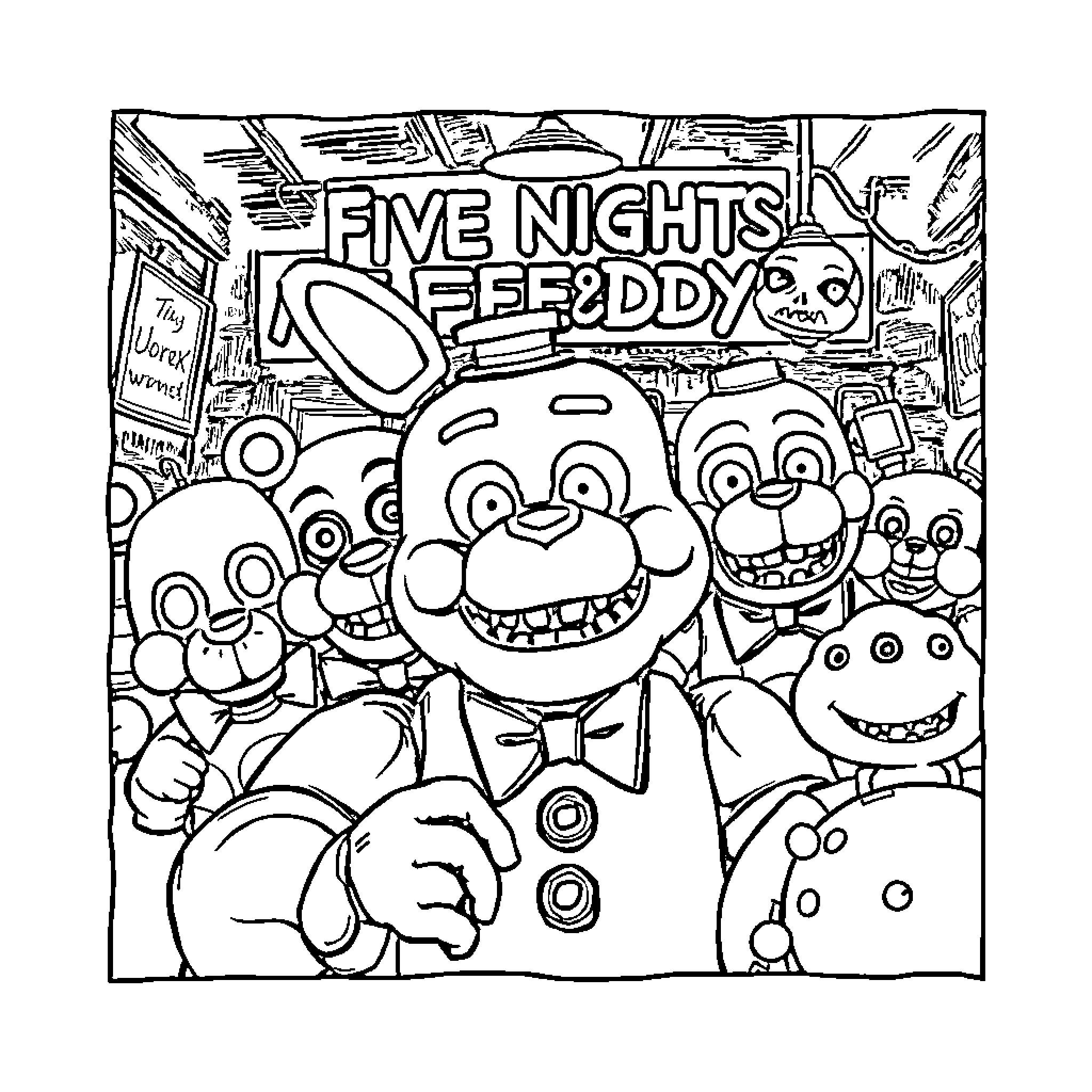 Five Nights at Freddy's characters in playful scene Coloring Page (free black-and-white line drawing printable PDF for all, from beginners to advanced learners, including children, teens, adults, and seniors)