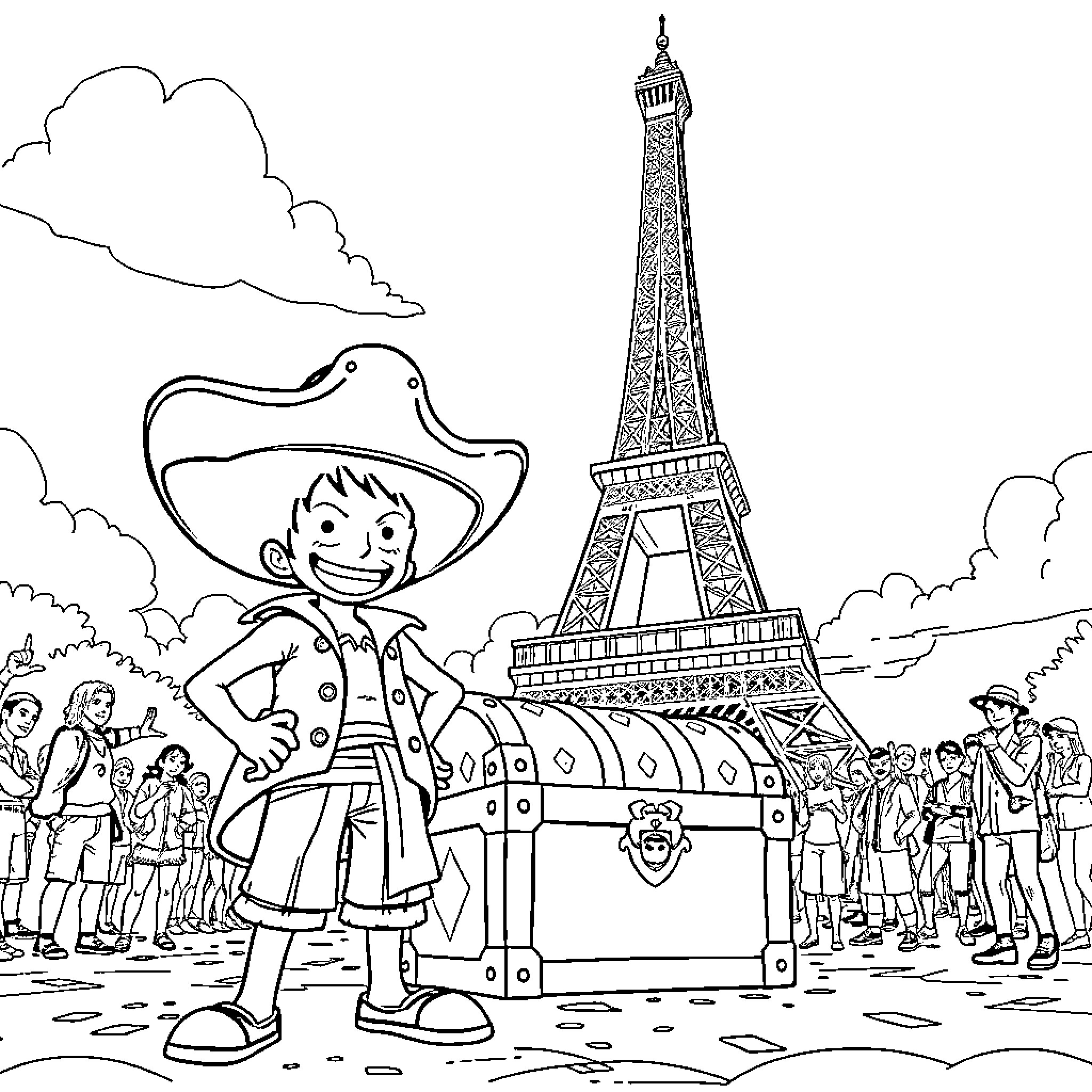 Luffy exploring the wonders of Paris Coloring Page (free black-and-white line drawing printable PDF for all, from beginners to advanced learners, including children, teens, adults, and seniors)
