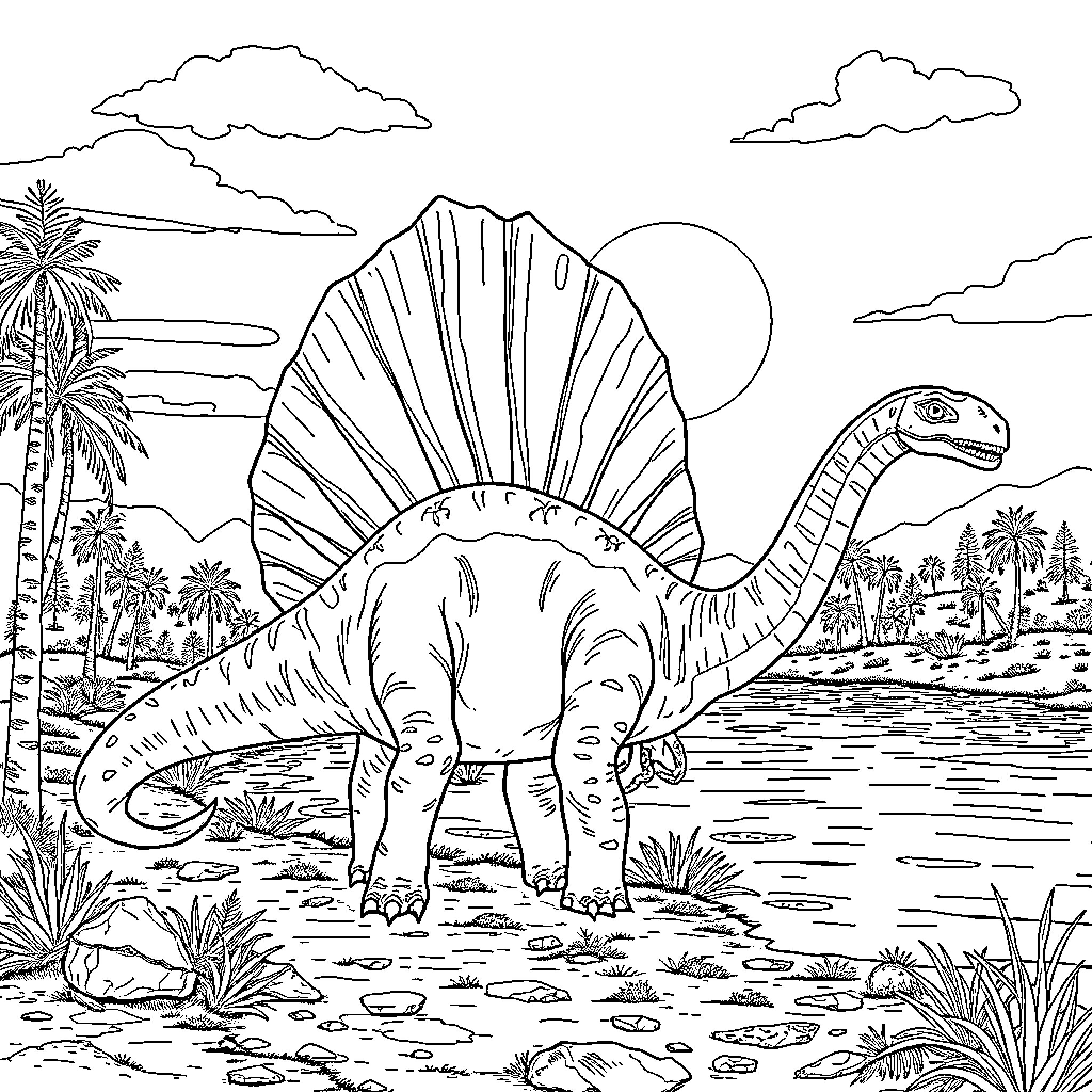 Spinosaurus roaming in prehistoric landscape Coloring Page (free black-and-white line drawing printable PDF for all, from beginners to advanced learners, including children, teens, adults, and seniors)
