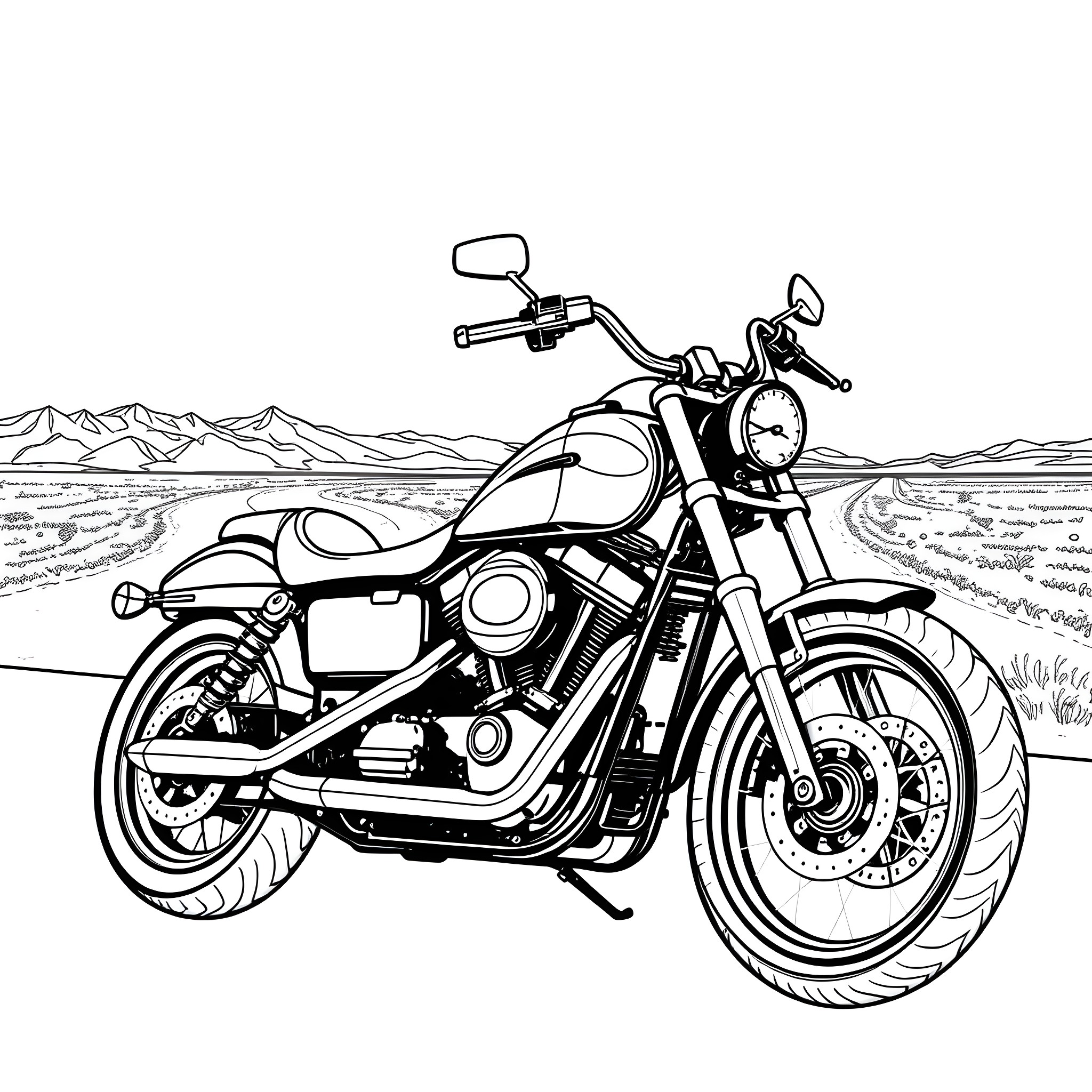 Harley Davidson cruiser motorcycle on open road Coloring Page (free black-and-white line drawing printable PDF for all, from beginners to advanced learners, including children, teens, adults, and seniors)